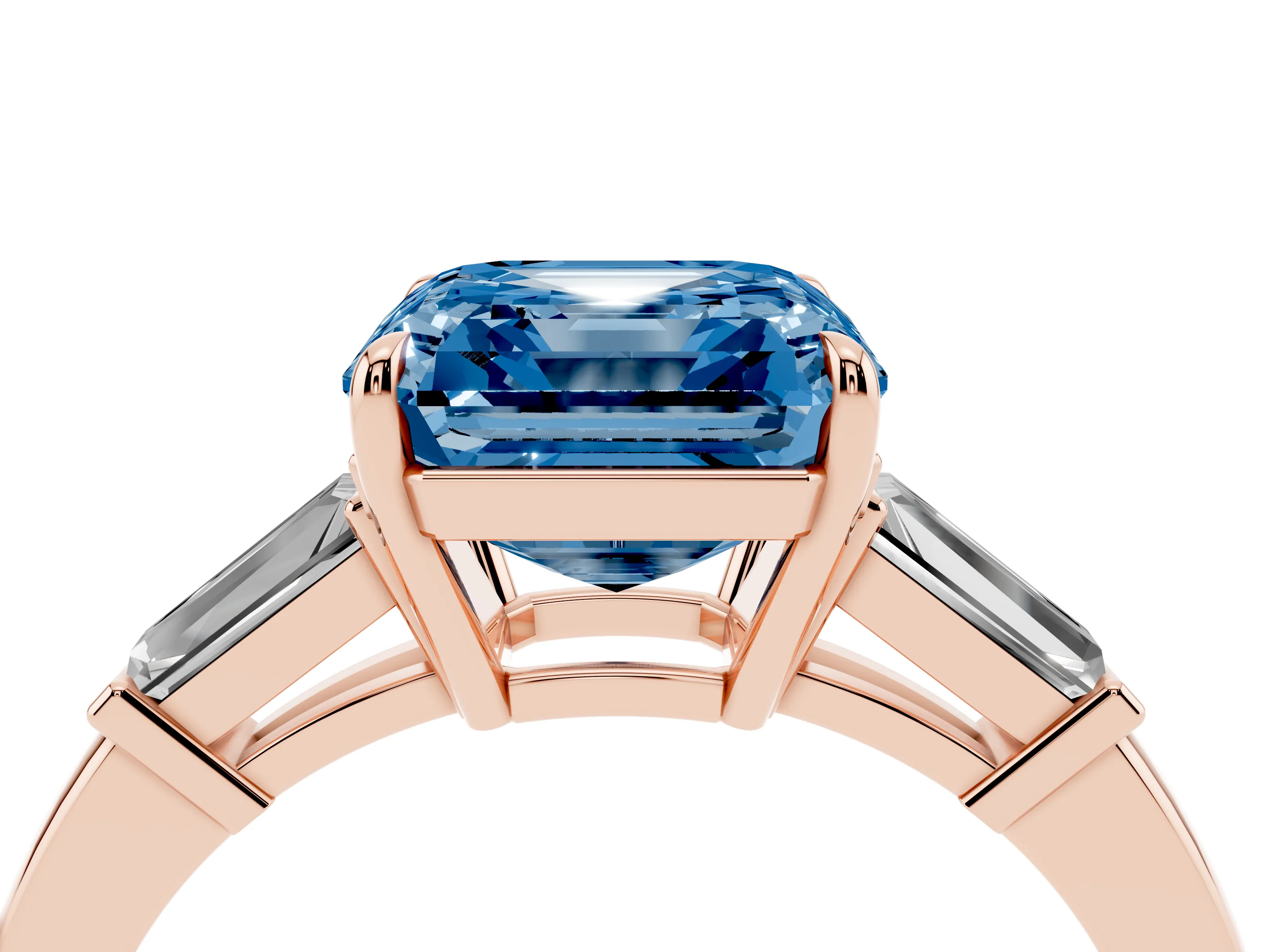 Fancy Blue Asscher Cut Diamond Three-Stone Ring Set in Rose gold with Tapered Baguette Side Stones and Prong Setting