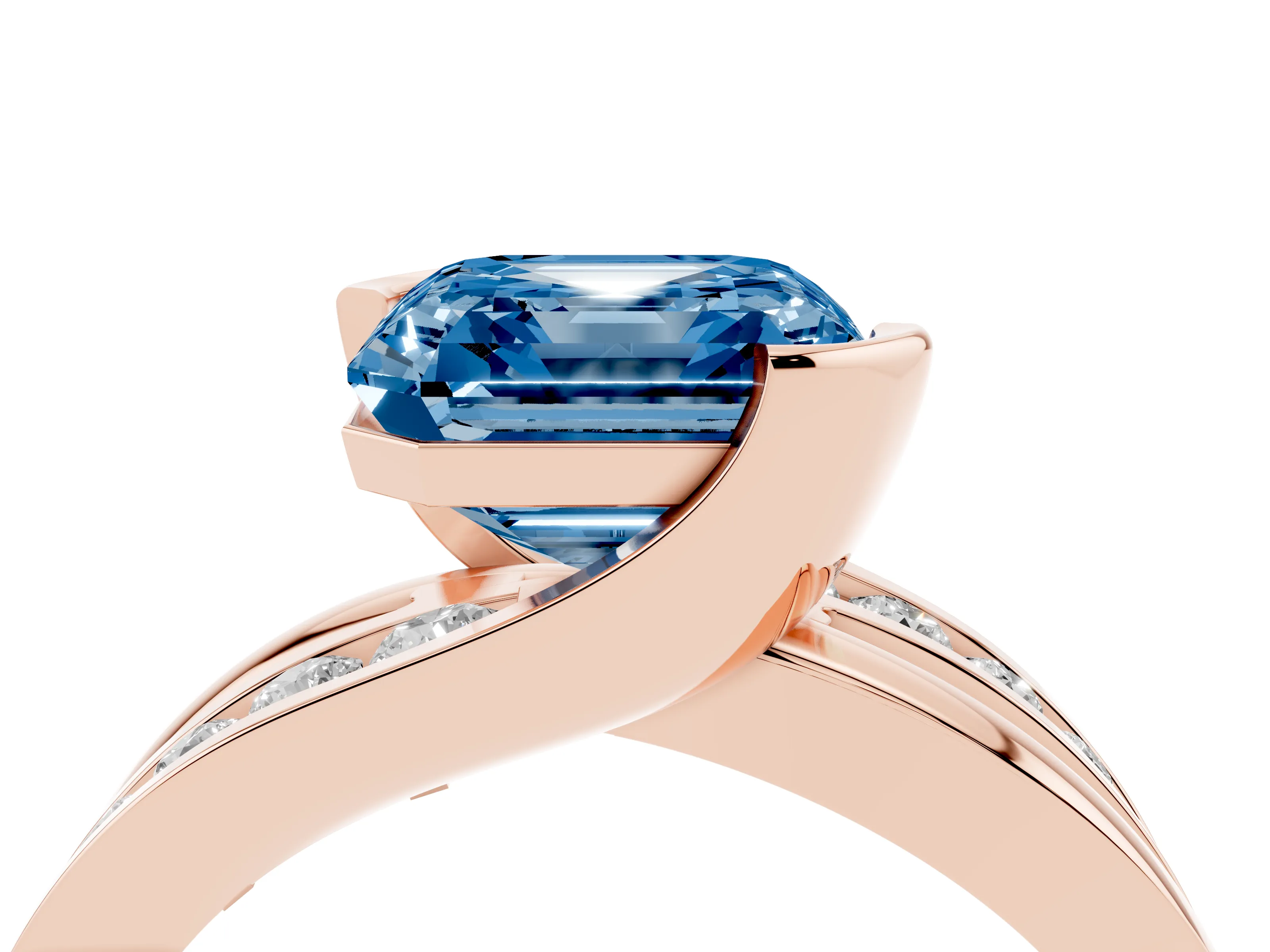 Fancy Blue Asscher Cut Diamond Solitaire Ring Set in Rose gold with Channel Set Split Shank and Tension Prongs