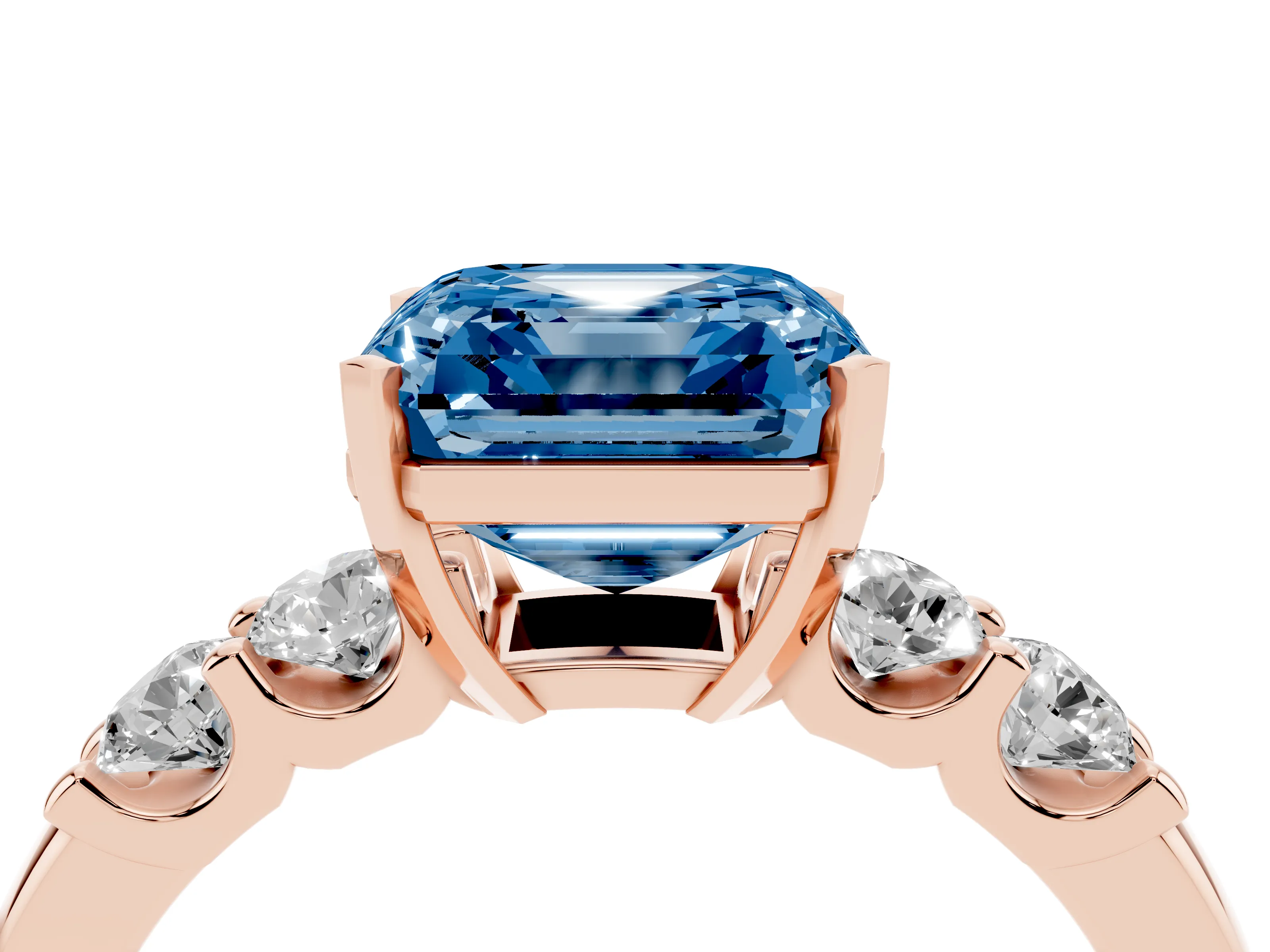Fancy Blue Asscher Cut Diamond Five-Stone Prong Set Engagement Ring Set in Rose gold with Channel Band