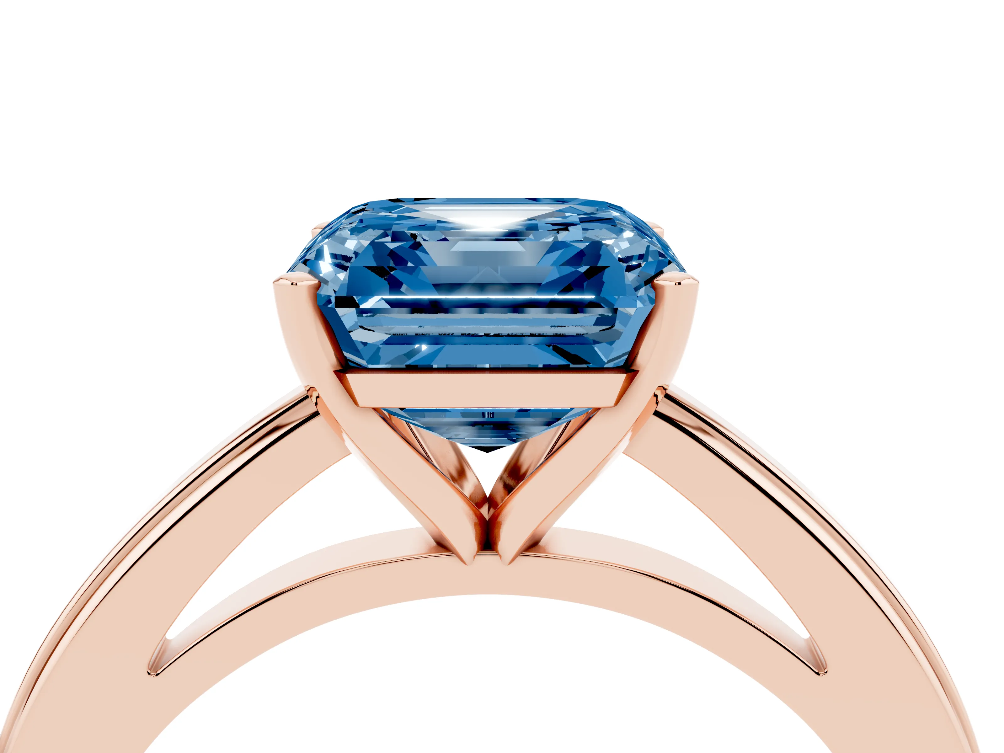 Fancy Blue Asscher Cut Diamond Solitaire Ring Set in Rose gold with Prong Setting and Classic Band