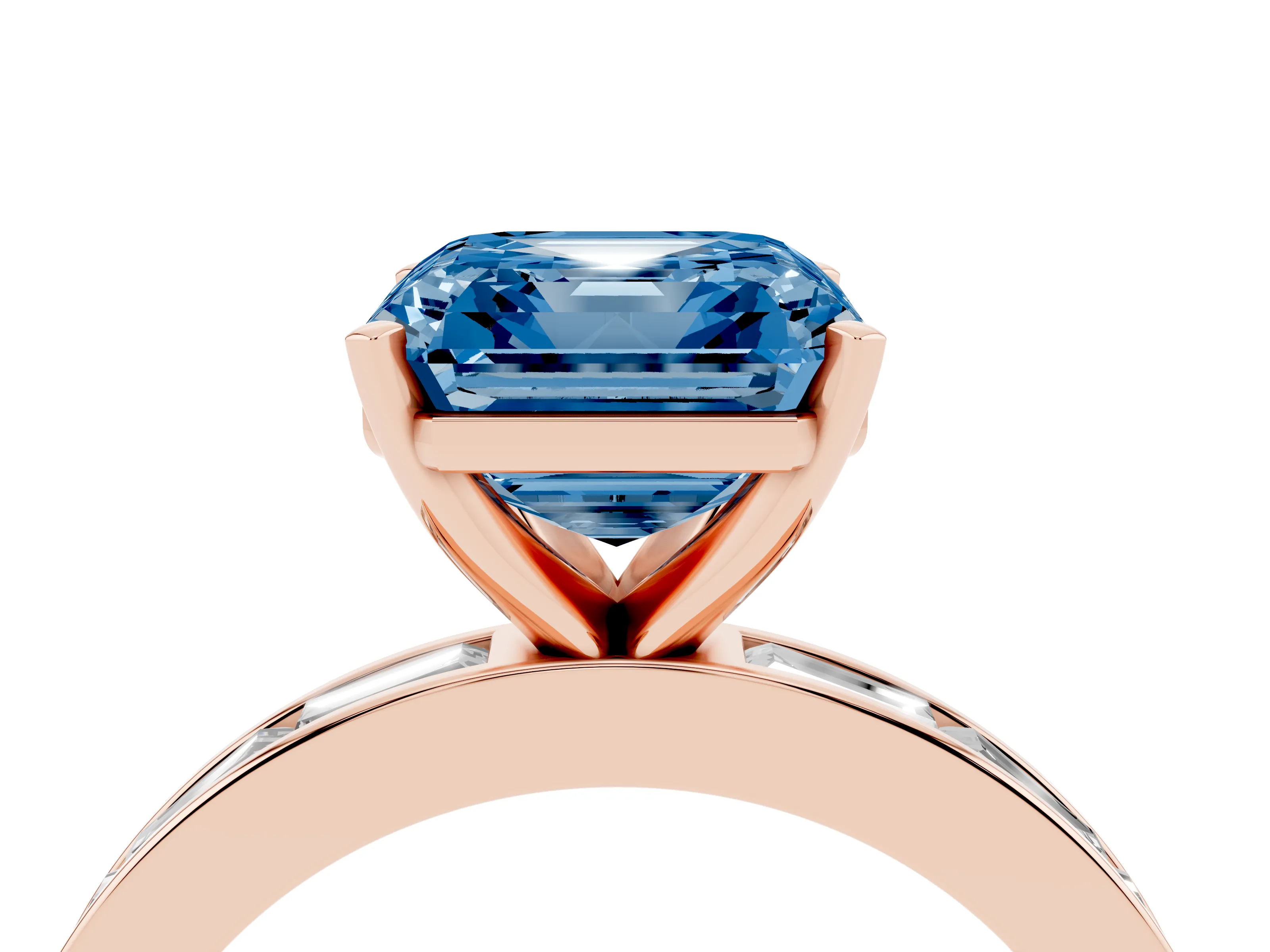 Fancy Blue Asscher Cut Diamond Solitaire Ring Set in Rose gold with Channel-Set Baguette Band and Prong Setting