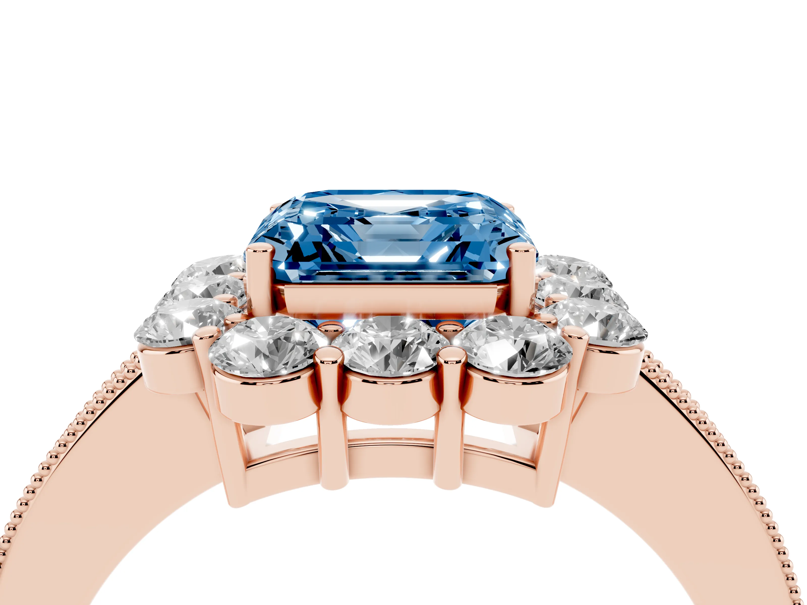 Fancy Blue Asscher Cut Diamond Halo Pavé Engagement Ring Set in Rose gold with Milgrain Detailing