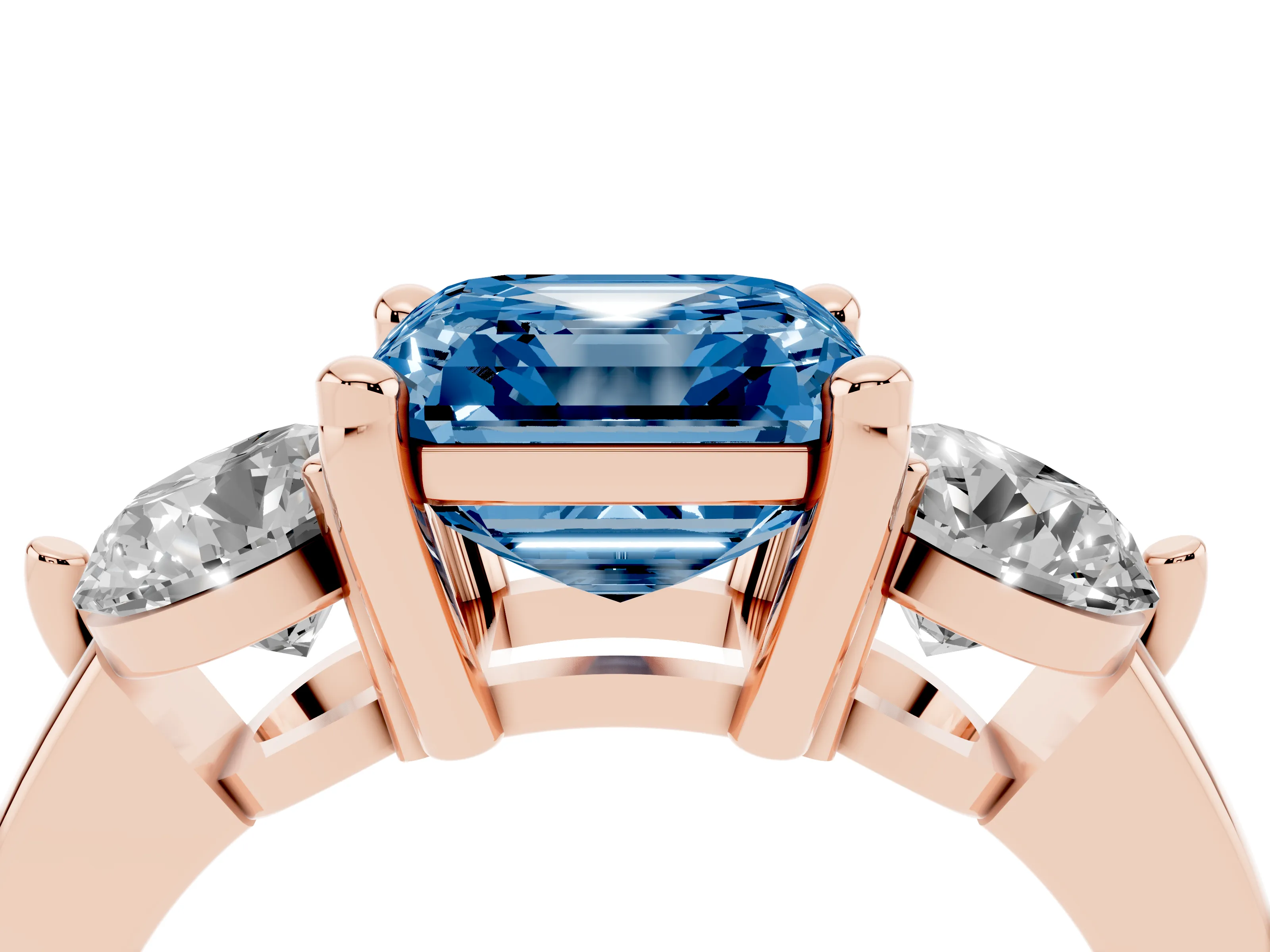 Fancy Blue Asscher Cut Diamond Three-Stone Ring Set in Rose gold with Prong Setting and Classic Band