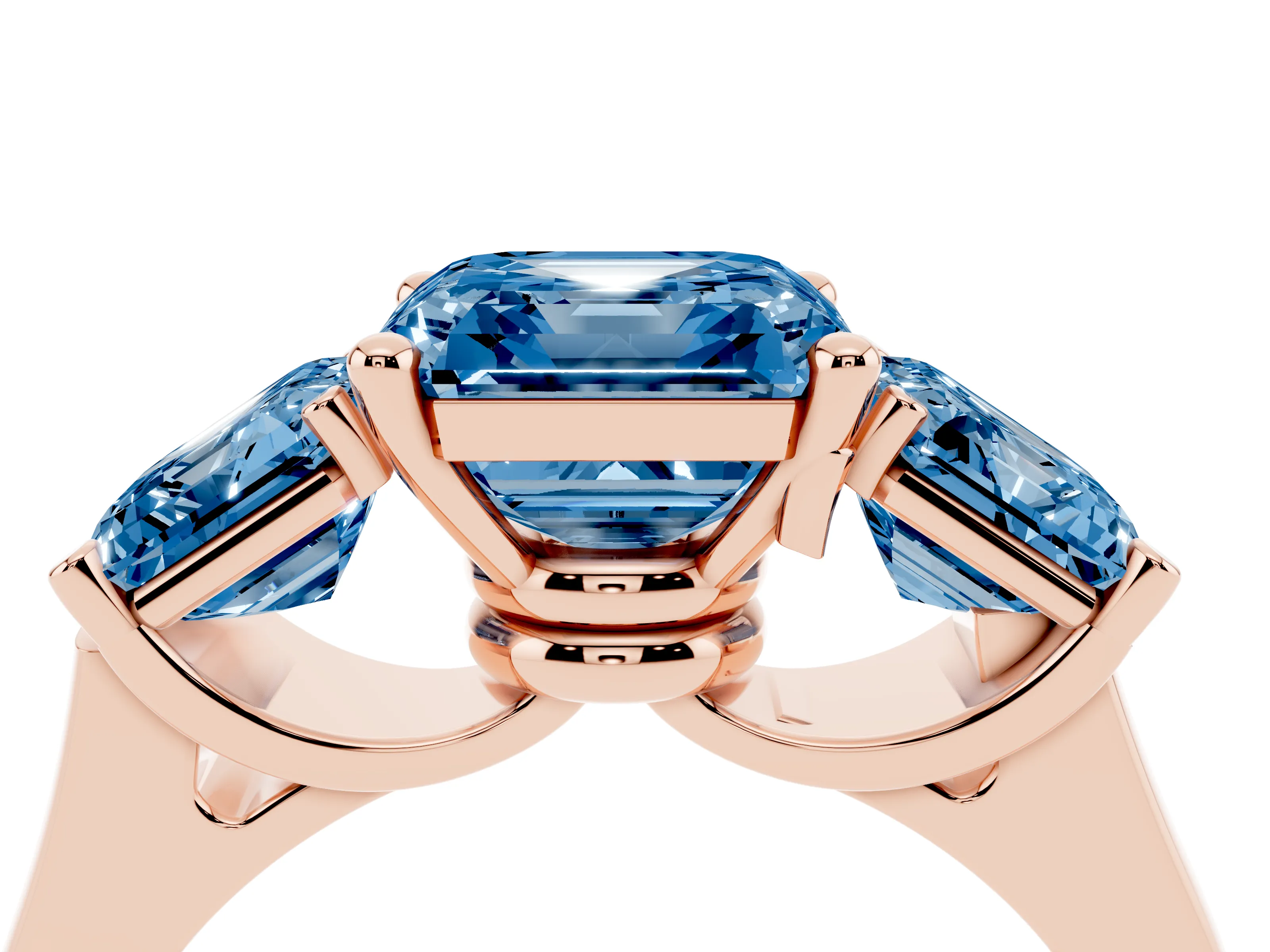 Fancy Blue Asscher Cut Diamond Three-Stone Trellis Ring Set in Rose gold with Comfort Fit Band
