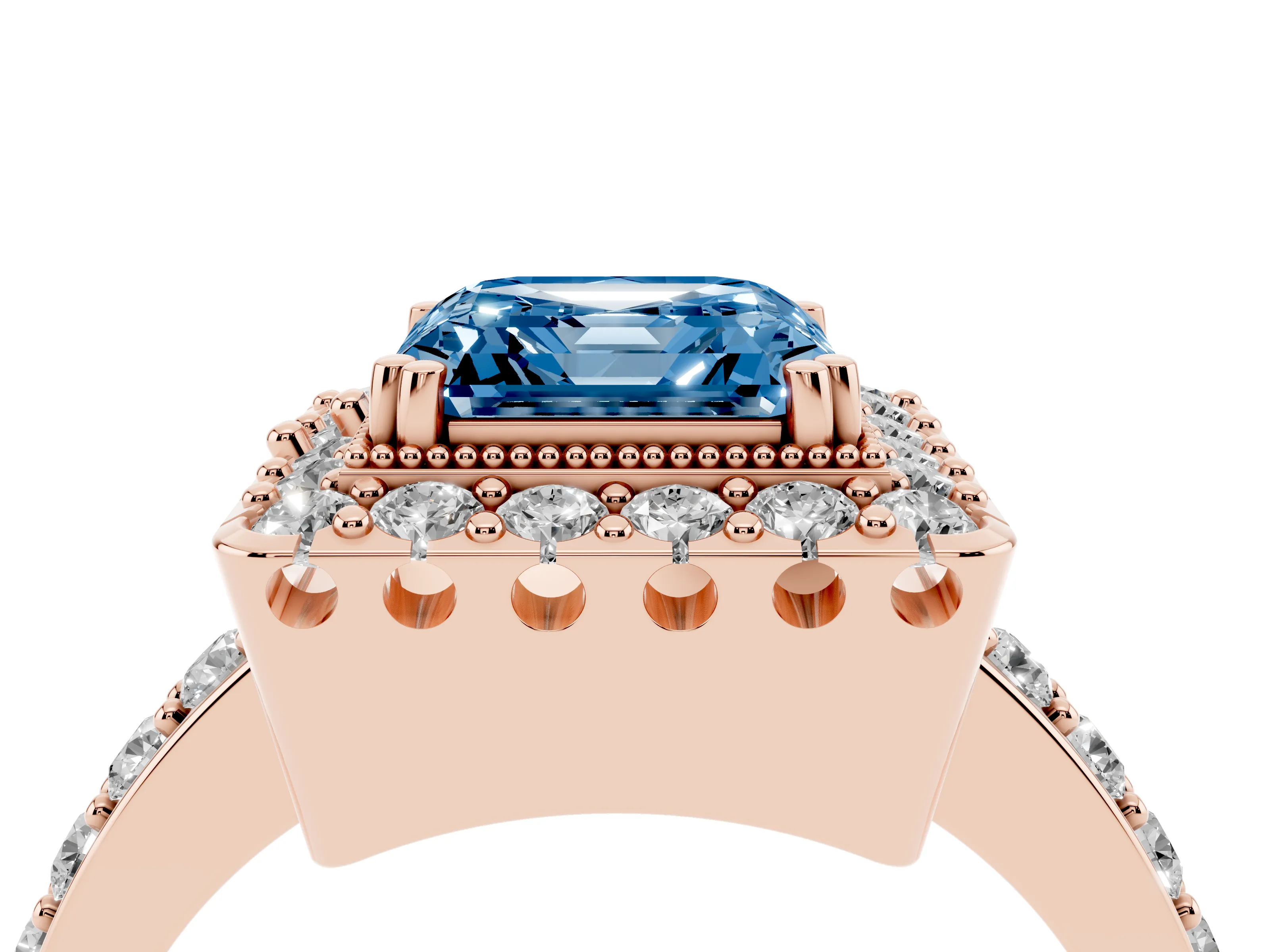 Fancy Blue Asscher Cut Diamond Halo Ring Set in Rose gold with Pavé Shank and Prong Setting