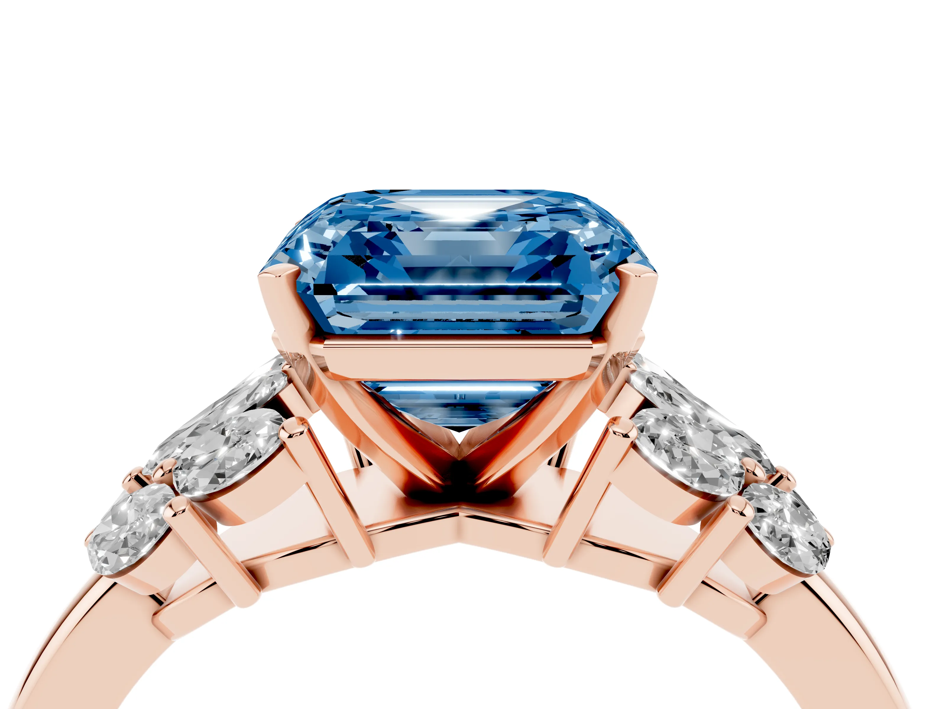 Fancy Blue Asscher Cut Diamond Cluster Leaf Design Ring Set in Rose gold with Prong Setting