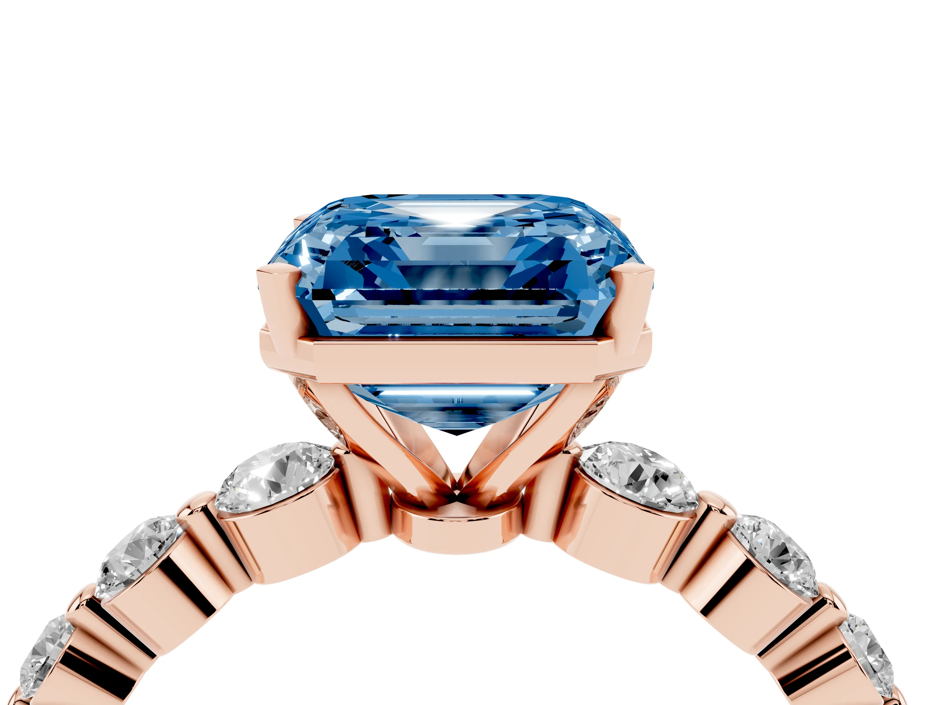 Fancy Blue Asscher Cut Diamond Solitaire Ring Set in Rose gold with Pavé Band and Prong Setting