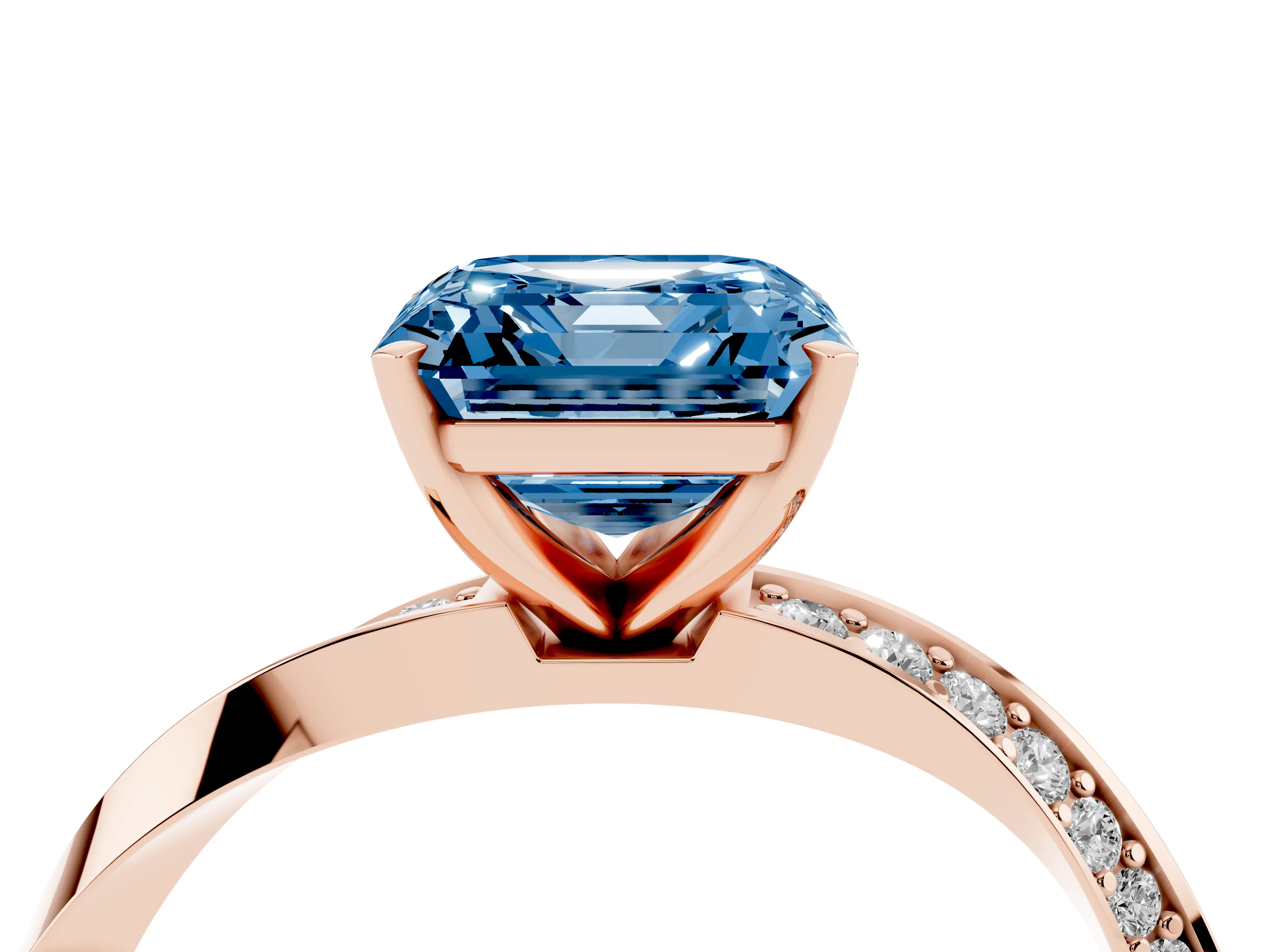 Fancy Blue Asscher Cut Diamond Engagement Ring Set in Rose gold with Side Stone Accents and Prong Setting