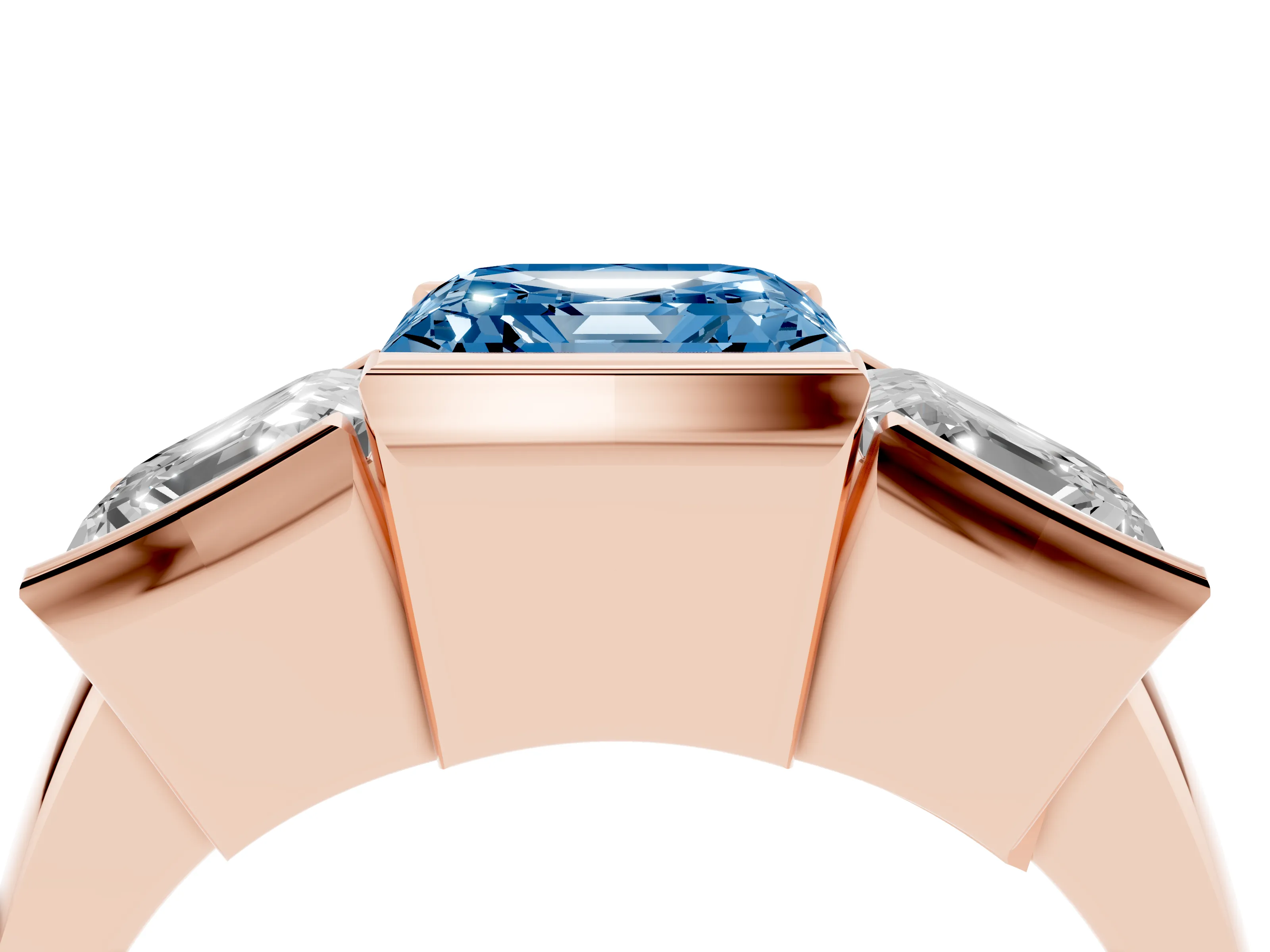 Fancy Blue Asscher Cut Diamond Three-Stone Channel Set Ring Set in Rose gold with Smooth Polished Band