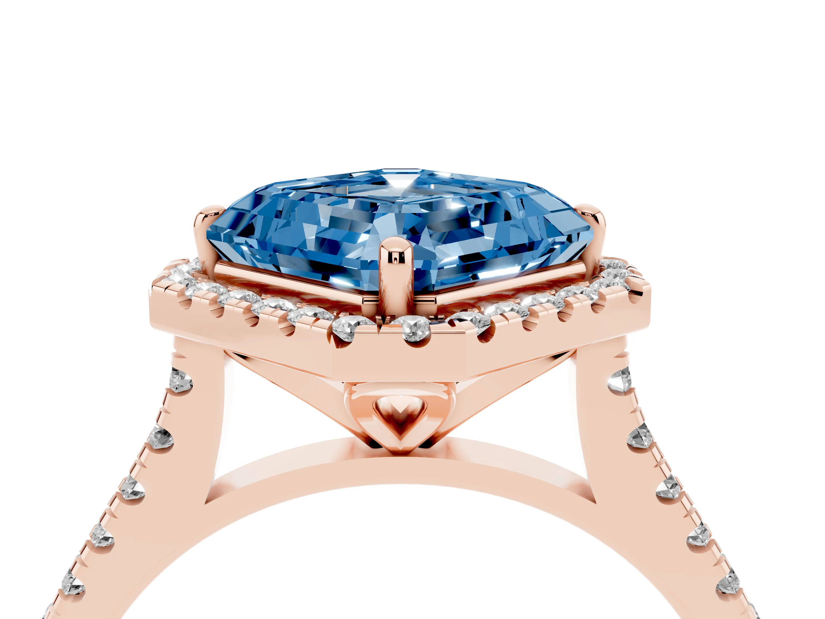 Fancy Blue Asscher Cut Diamond Cushion Halo Ring Set in Rose gold with Pavé Band