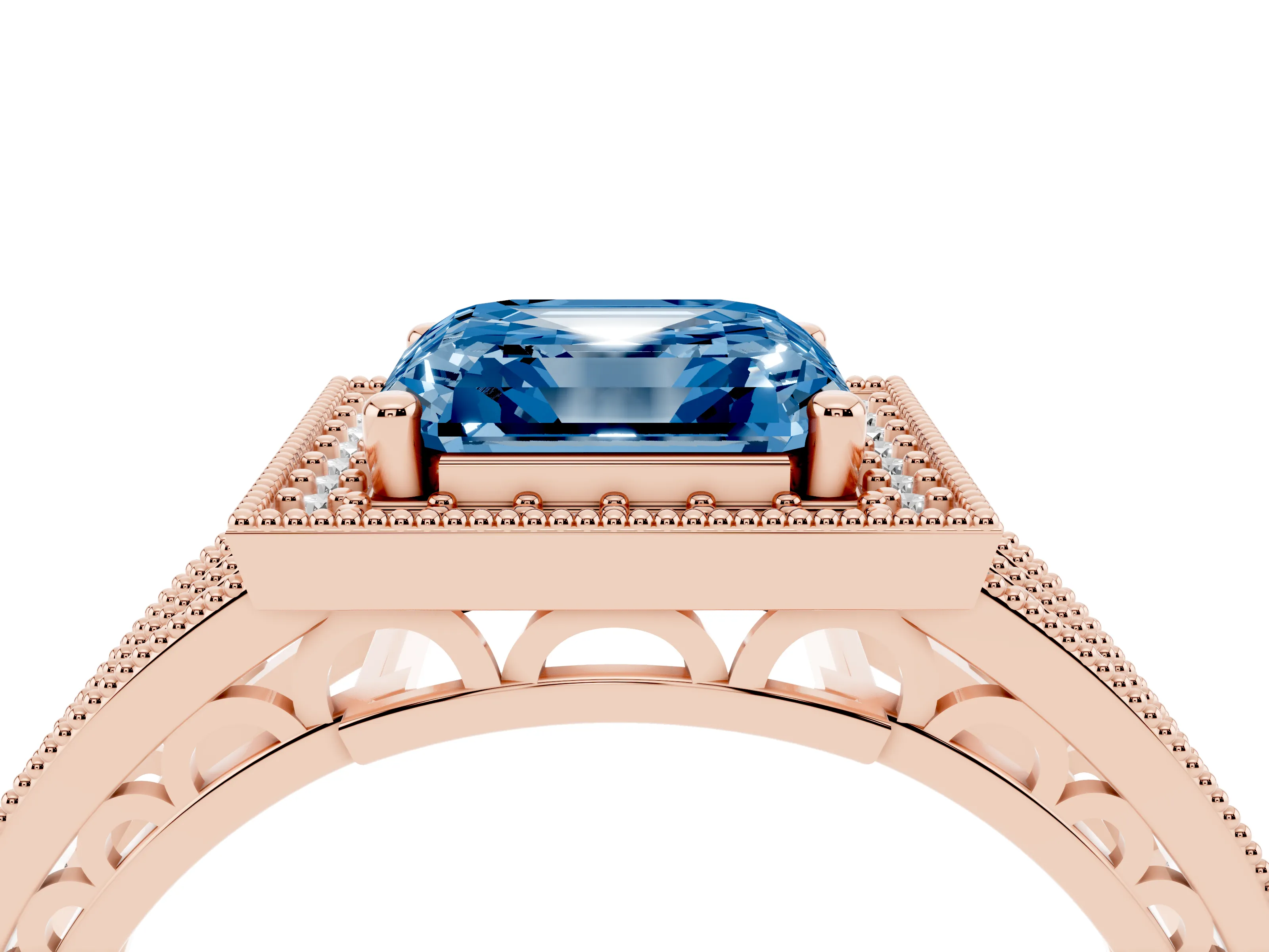 Fancy Blue Asscher Cut Diamond Halo Ring Set in Rose gold with Accent Split Shank and Prong Setting