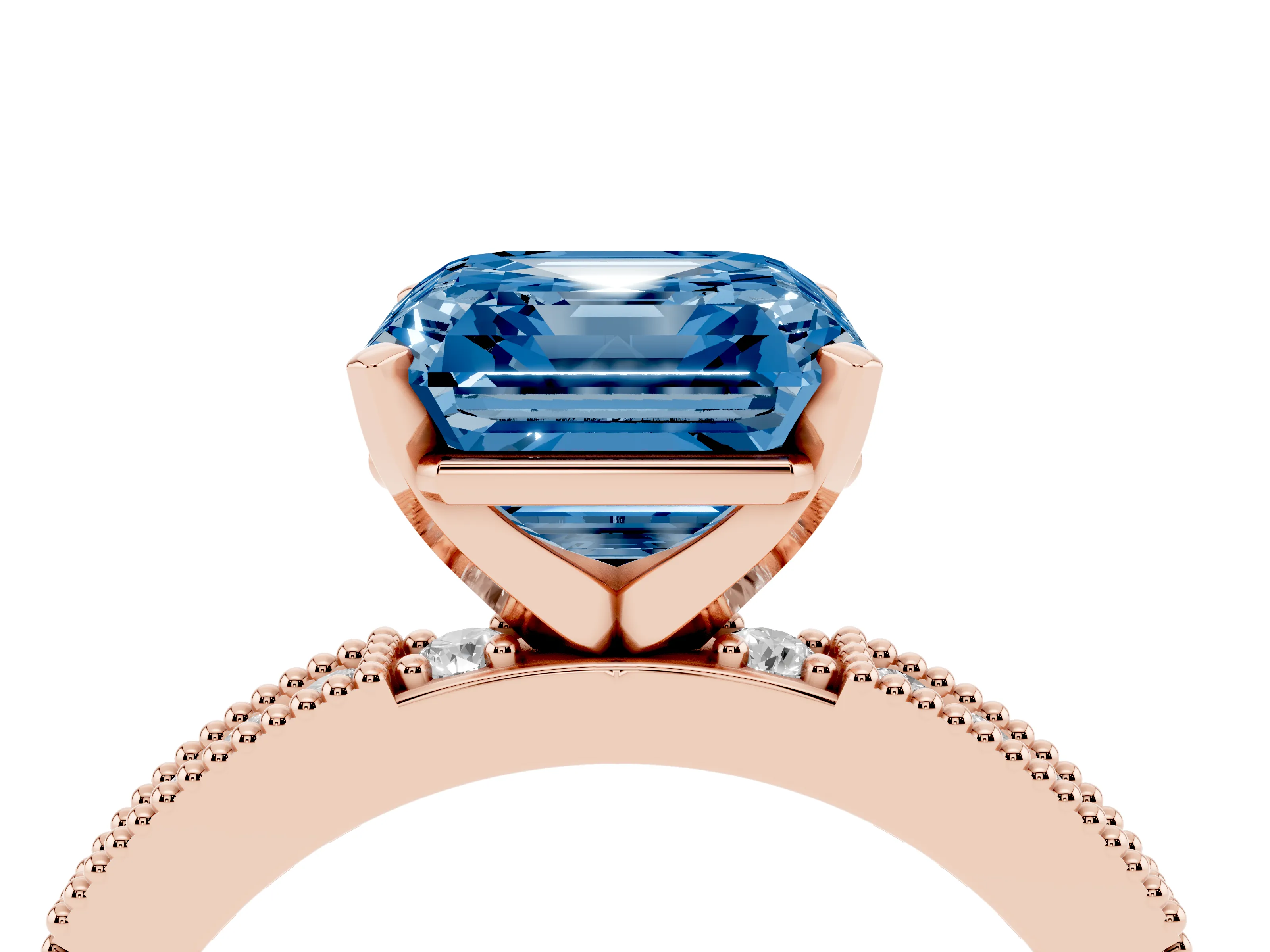 Fancy Blue Asscher Cut Diamond Solitaire Ring Set in Rose gold with Slim Pavé Band and Prong Setting