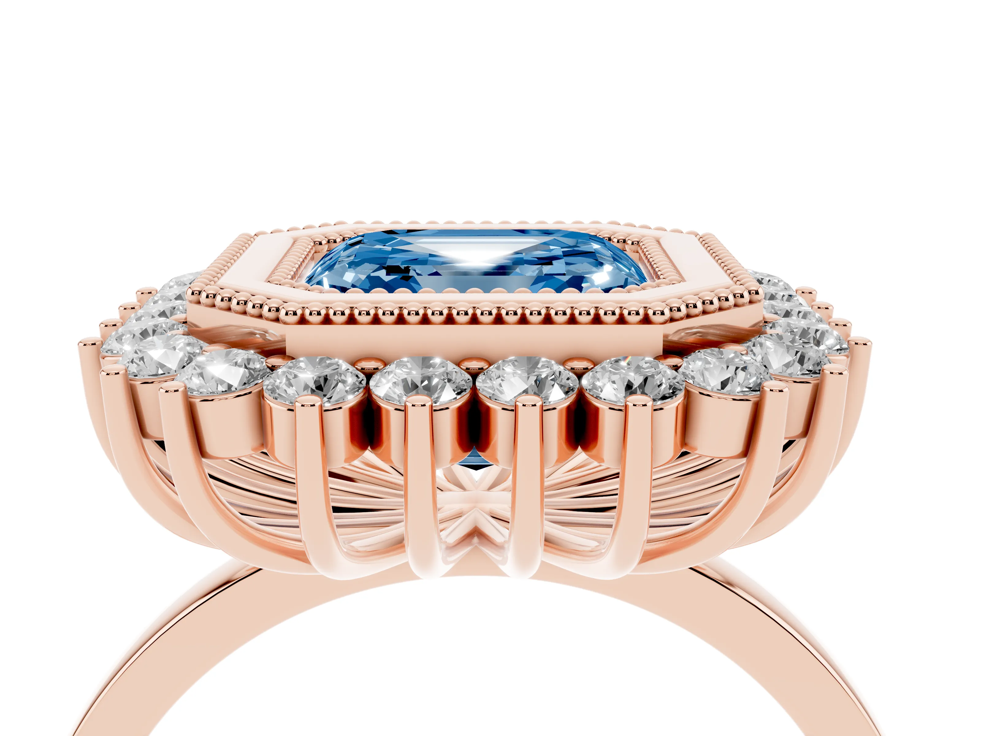 Fancy Blue Asscher Cut Diamond Halo Ring Set in Rose gold with Milgrain Edge and Round Prong Setting