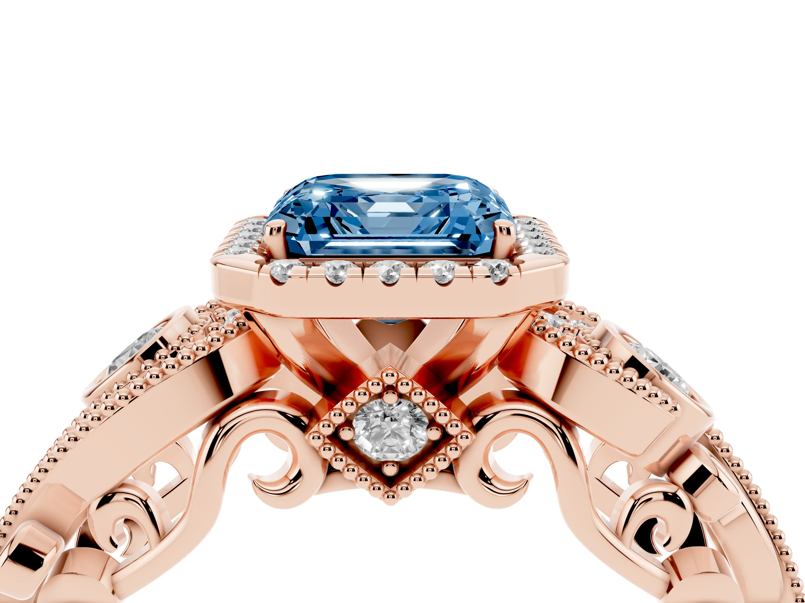 Fancy Blue Asscher Cut Diamond Halo Ring Set in Rose gold with Milgrain Pavé Band and Prong Setting