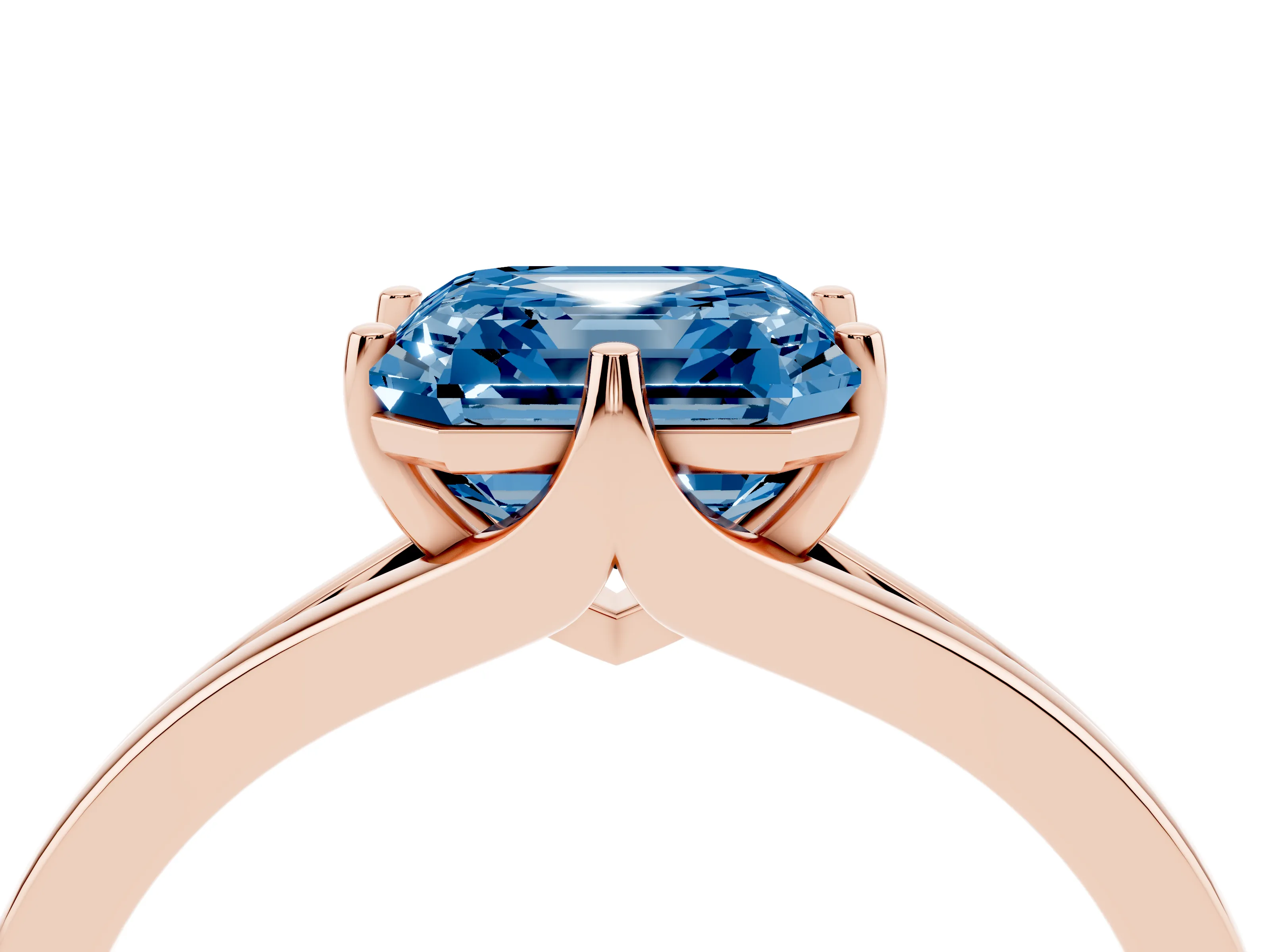 Fancy Blue Asscher Cut Diamond Solitaire Ring Set in Rose gold with Polished Tapered Band and Prong Setting
