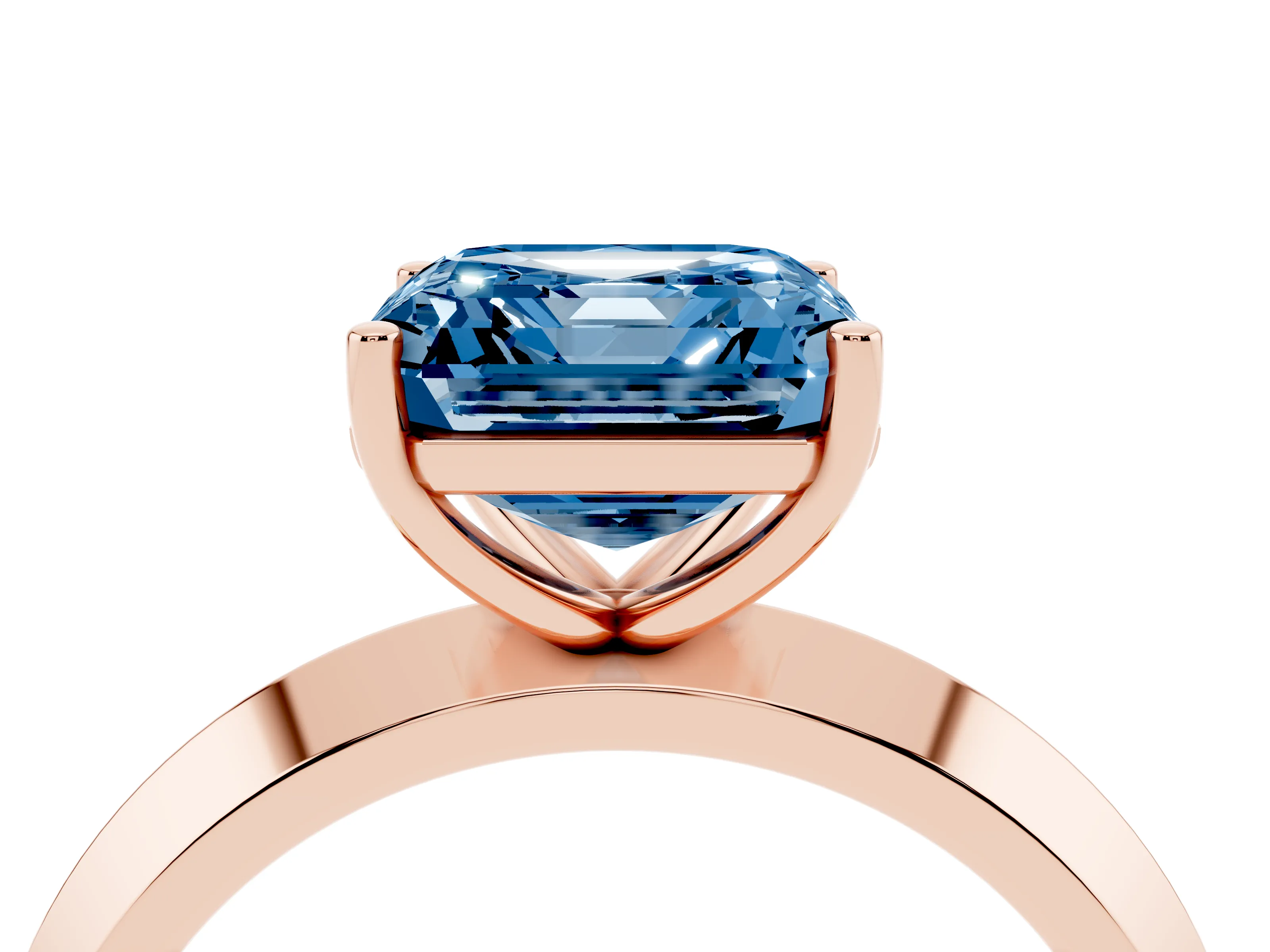 Fancy Blue Asscher Cut Diamond Solitaire Engagement Ring Set in Rose gold with Flat Band and Prong Setting