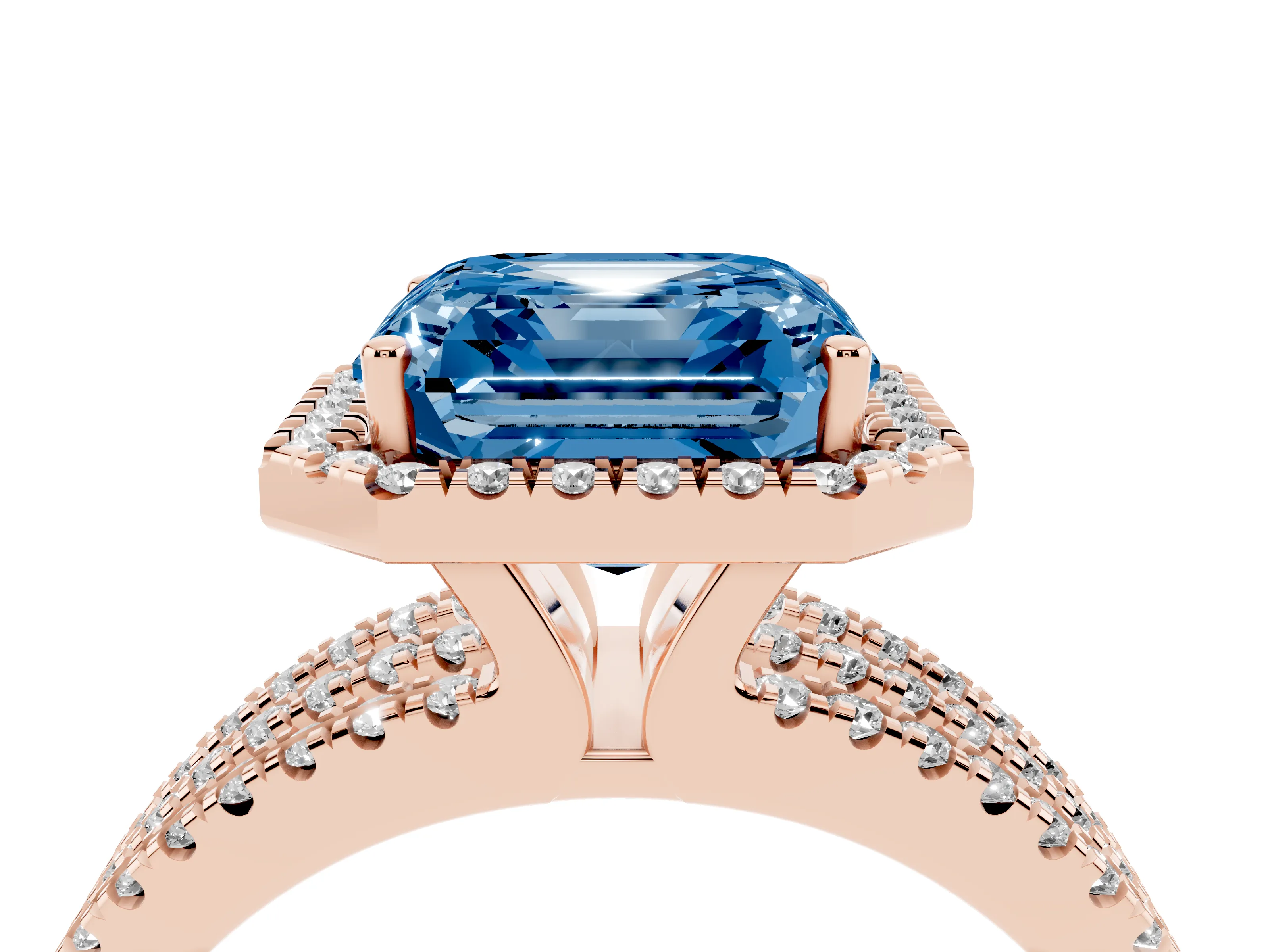 Fancy Blue Asscher Cut Diamond Halo Split Shank Engagement Ring Set in Rose gold with Prong Setting