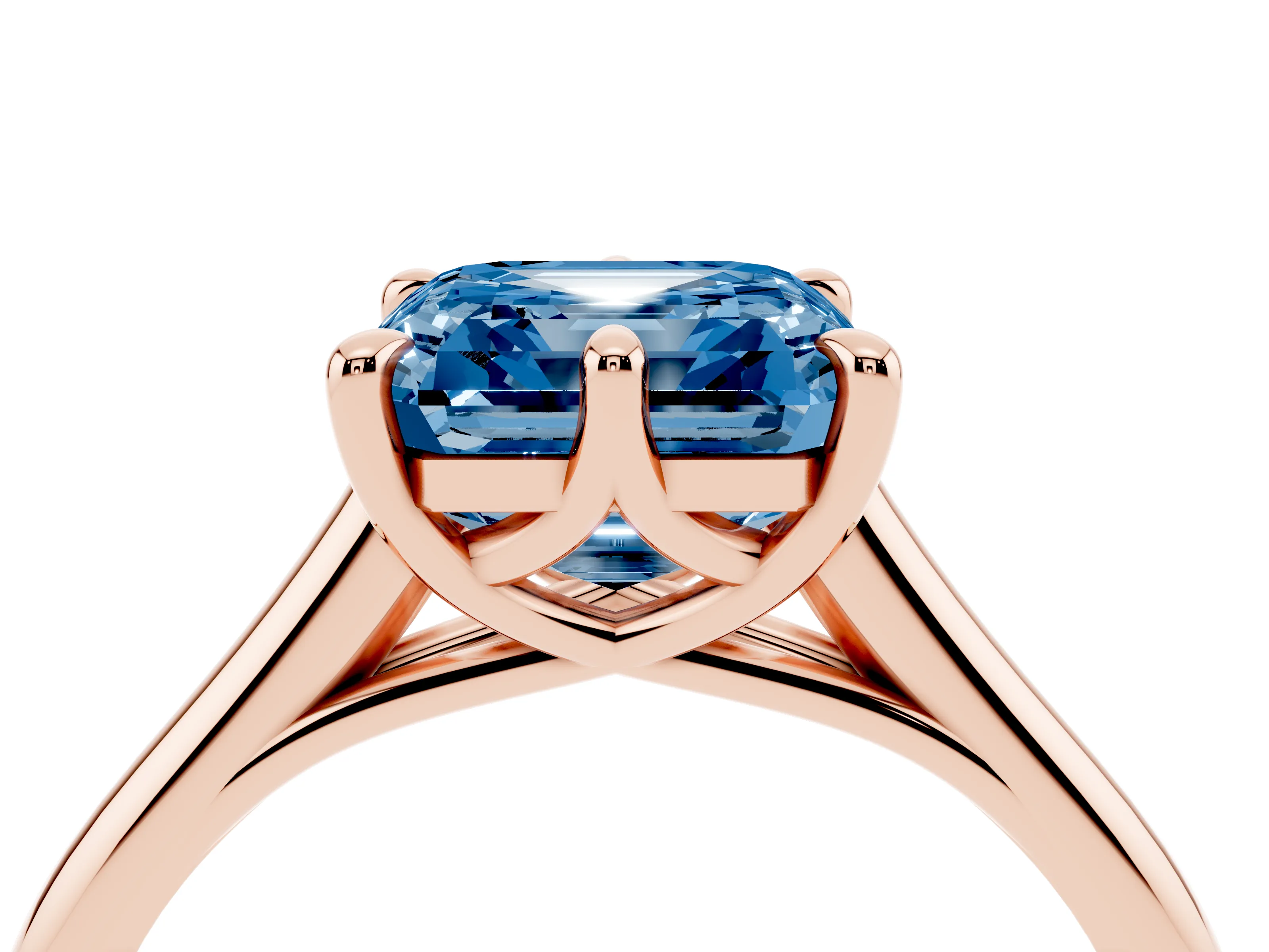 Fancy Blue Asscher Cut Diamond Solitaire Engagement Ring Set in Rose gold with Prong Setting and Plain Classic Band