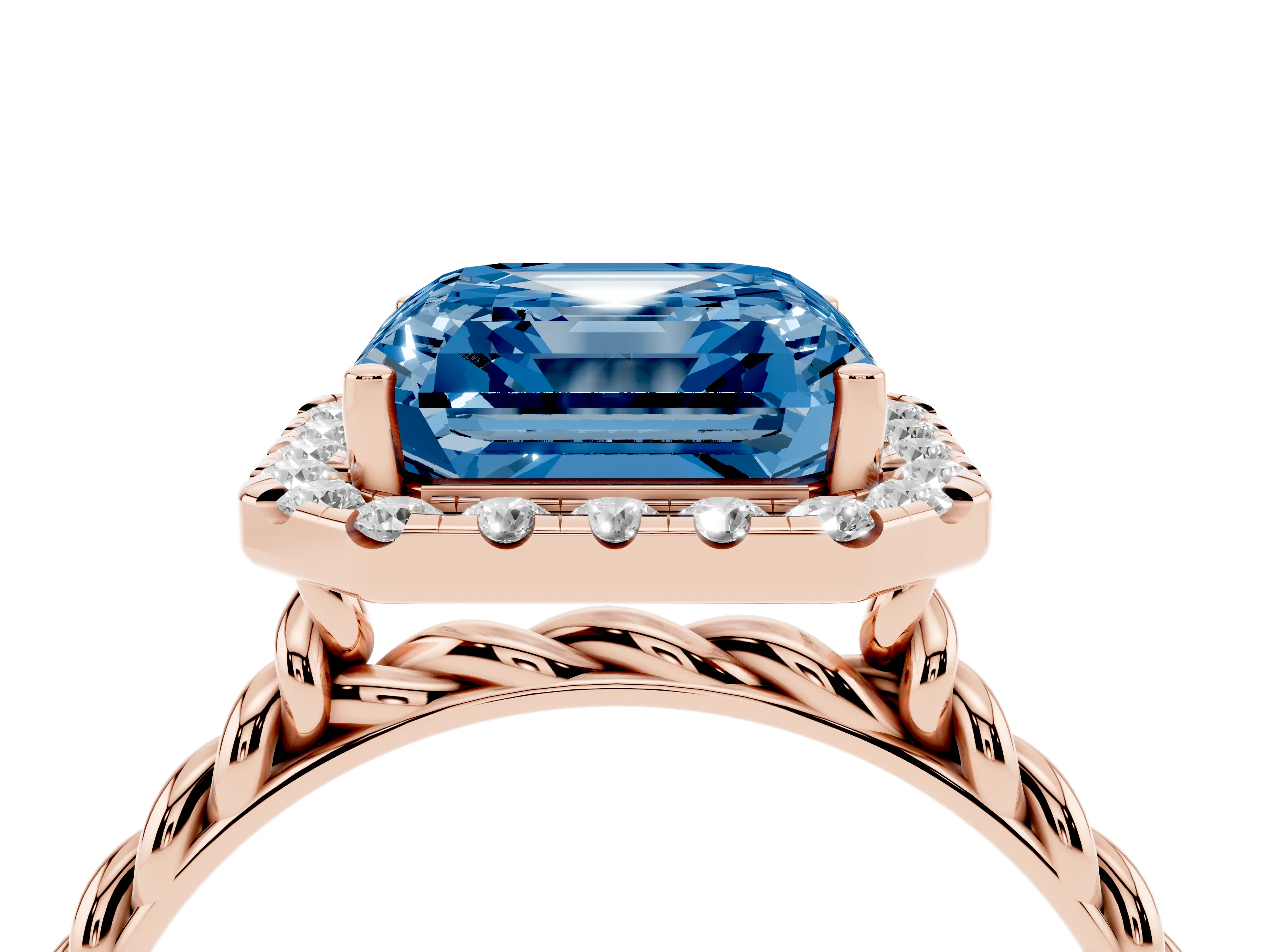 Fancy Blue Asscher Cut Diamond Halo Ring Set in Rose gold with Plain Twisted Band