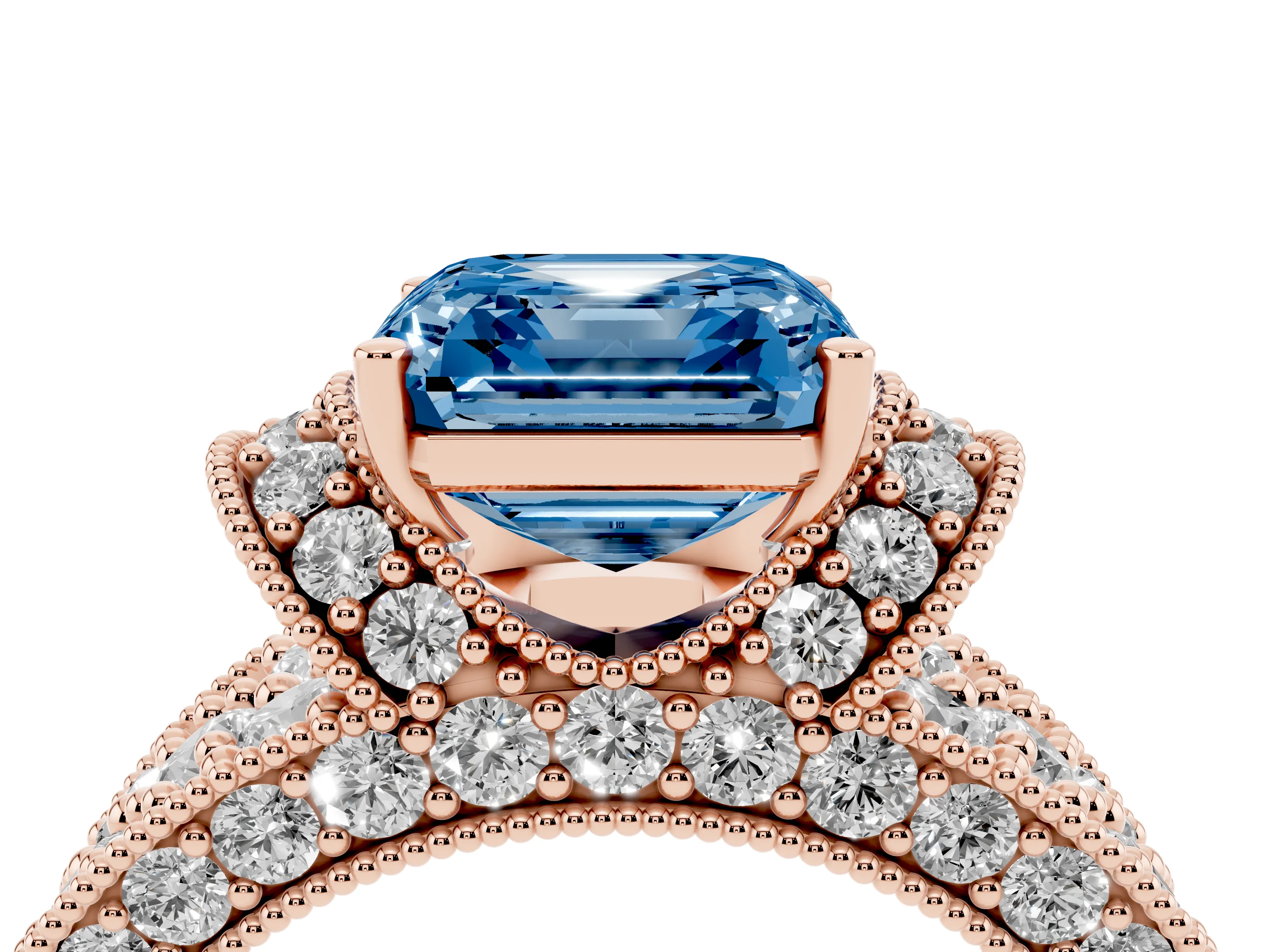 Fancy Blue Asscher Cut Diamond Milgrain Halo Pavé Engagement Ring Set in Rose gold with Prong Setting