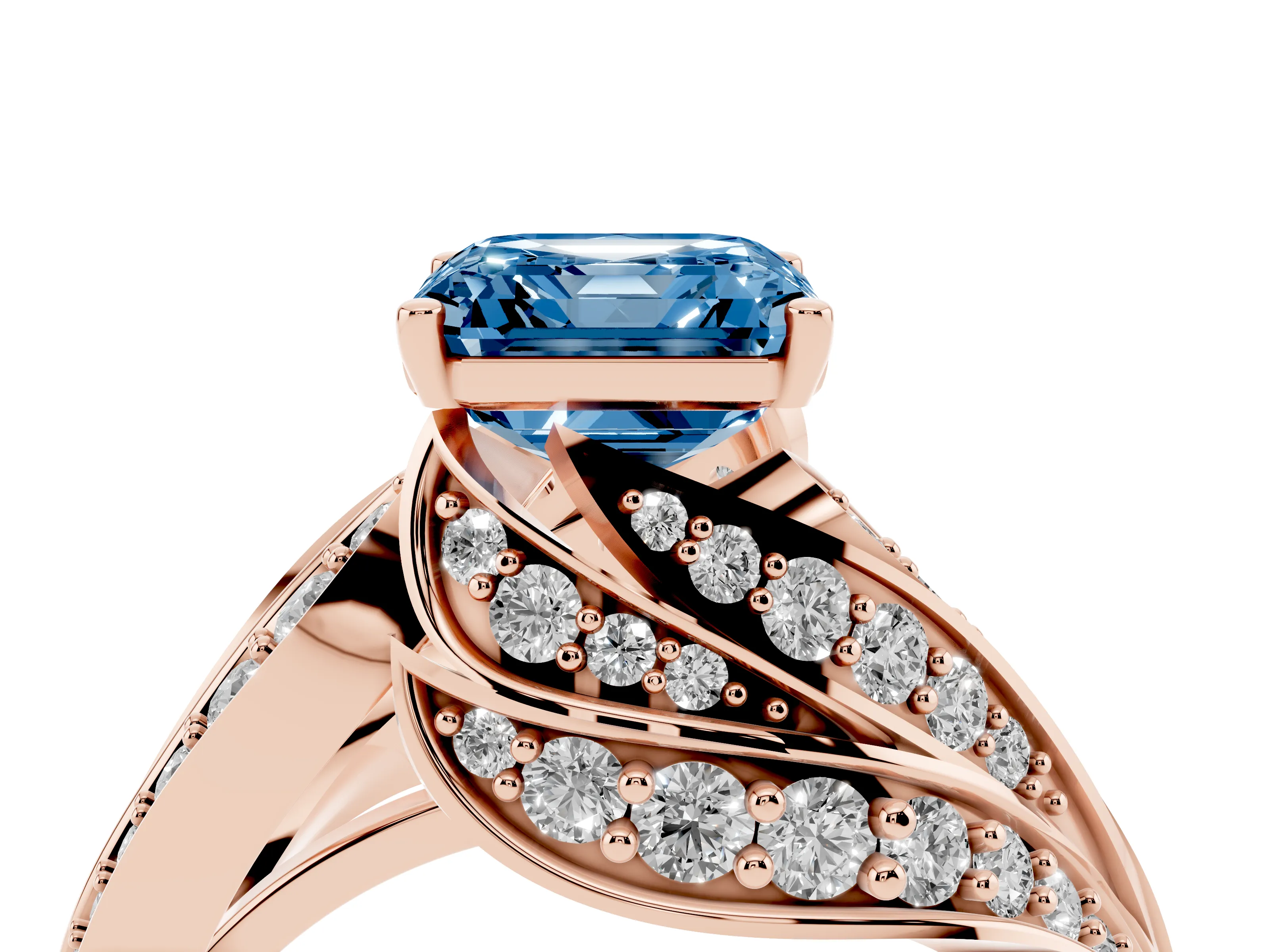 Fancy Blue Asscher Cut Diamond Solitaire Ring Set in Rose gold with Layered Twist Pavé Band