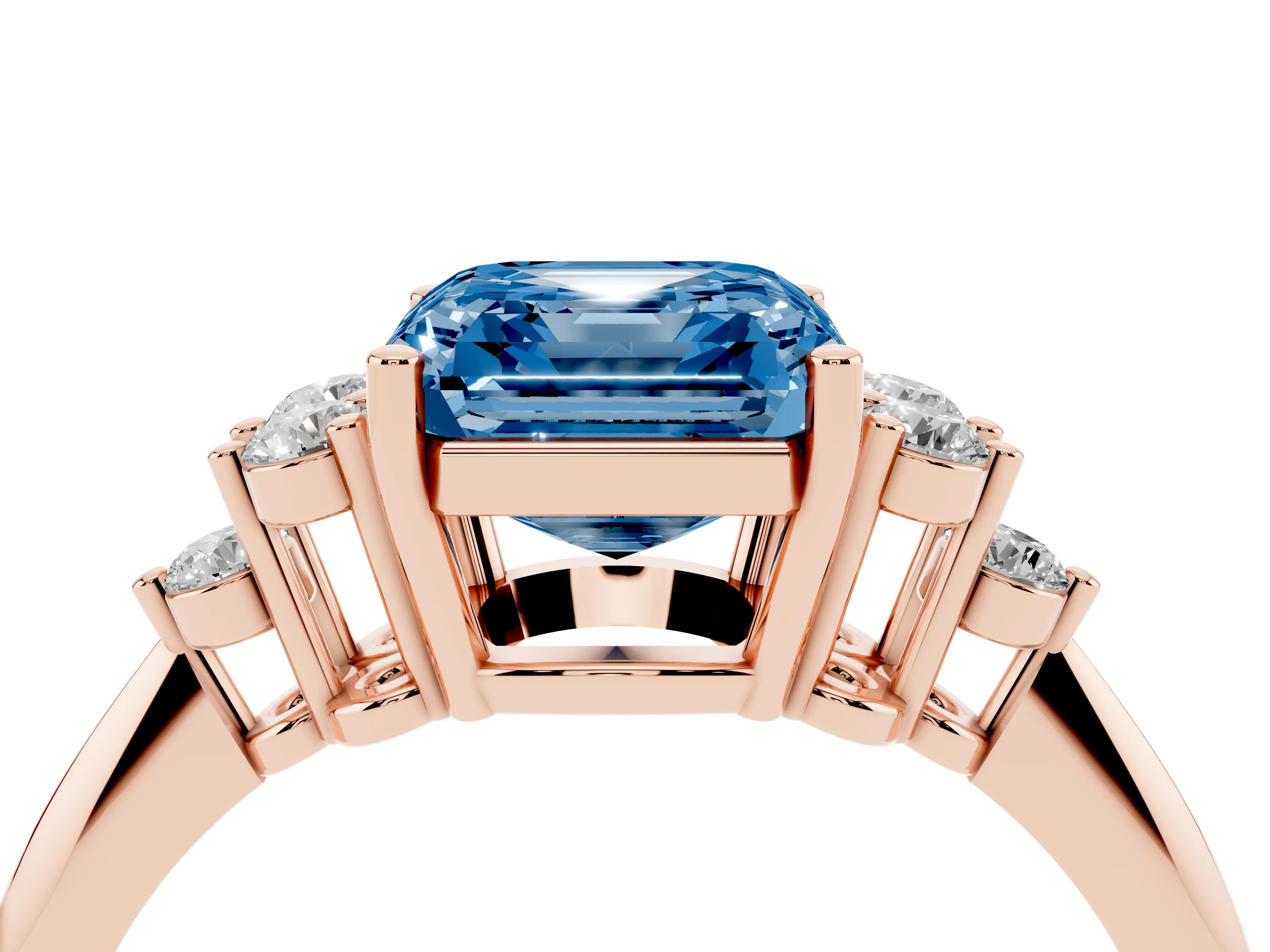 Fancy Blue Asscher Cut Diamond Cluster Ring Set in Rose gold with Plain Band and Prong Setting
