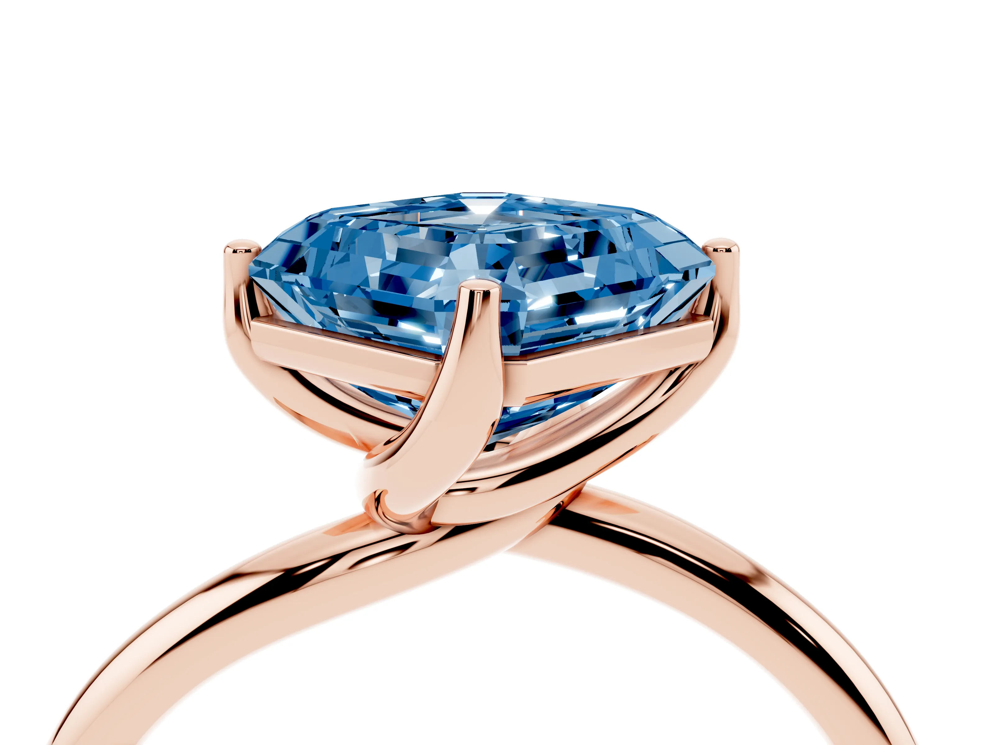 Fancy Blue Asscher Cut Diamond Solitaire Engagement Ring Set in Rose gold with Classic Plain Band