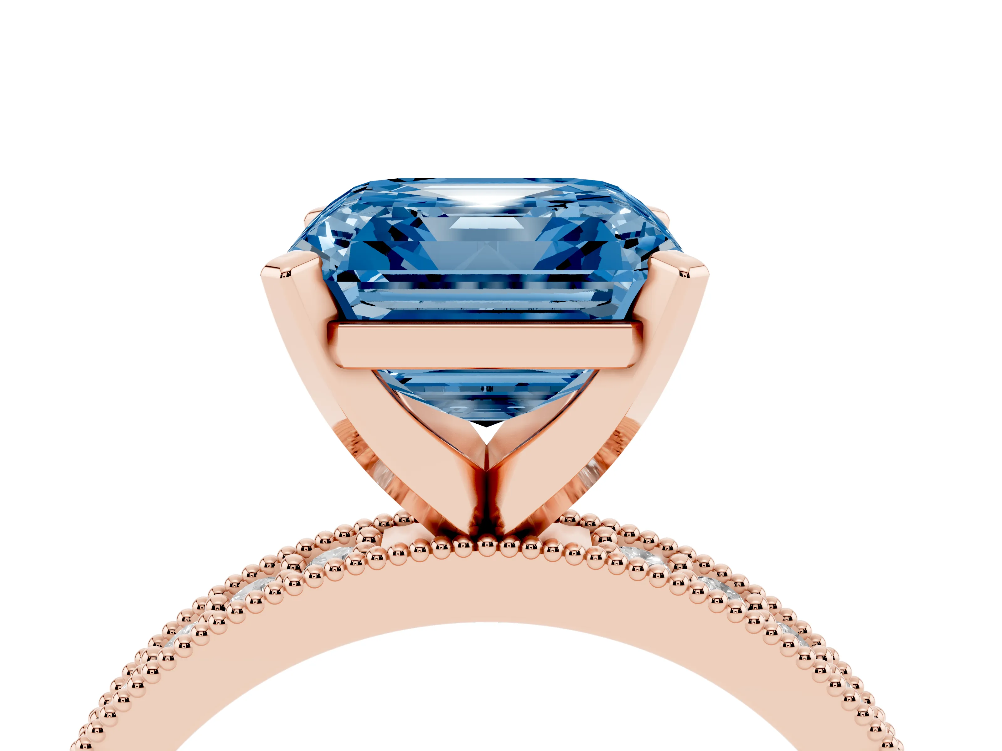 Fancy Blue Asscher Cut Diamond Milgrain Pavé Engagement Ring Set in Rose gold with Prong Setting