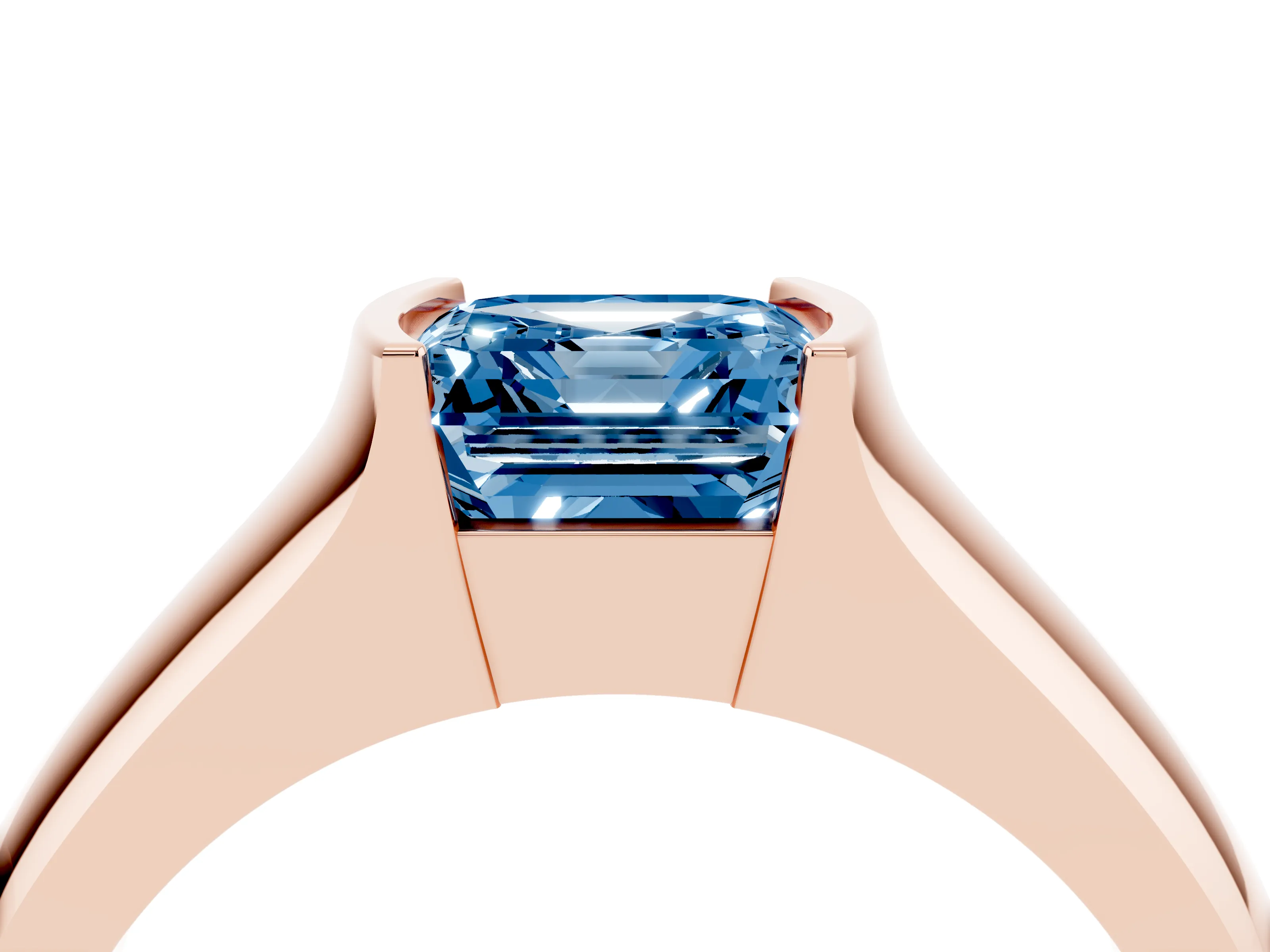 Fancy Blue Asscher Cut Diamond Bezel Solitaire Ring Set in Rose gold with Wide Band