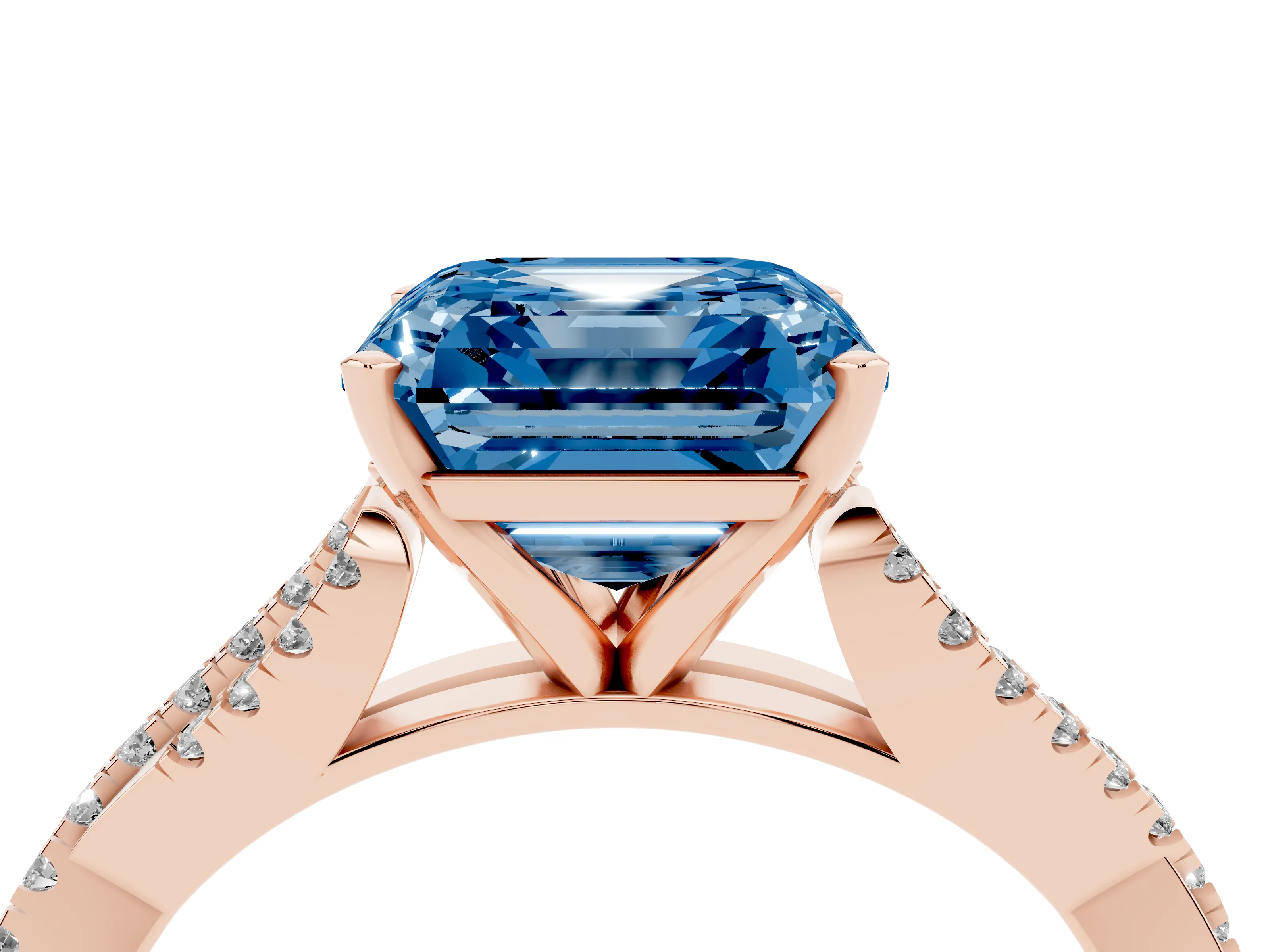 Fancy Blue Asscher Cut Diamond Solitaire Engagement Ring Set in Rose gold with Twisted Pavé Band and Prong Setting