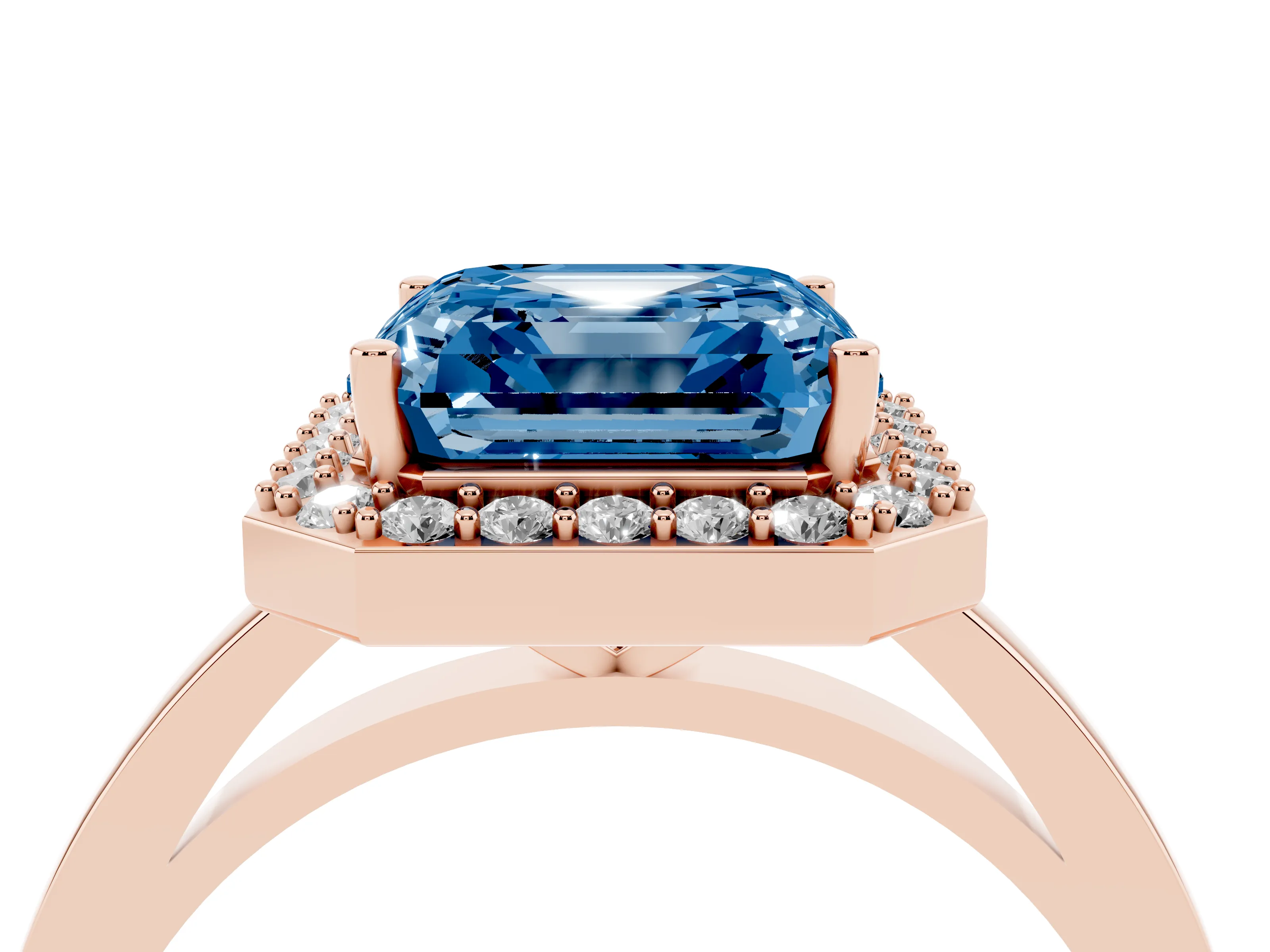 Fancy Blue Asscher Cut Diamond Halo Ring Set in Rose gold with Solitaire Band and Prong Setting