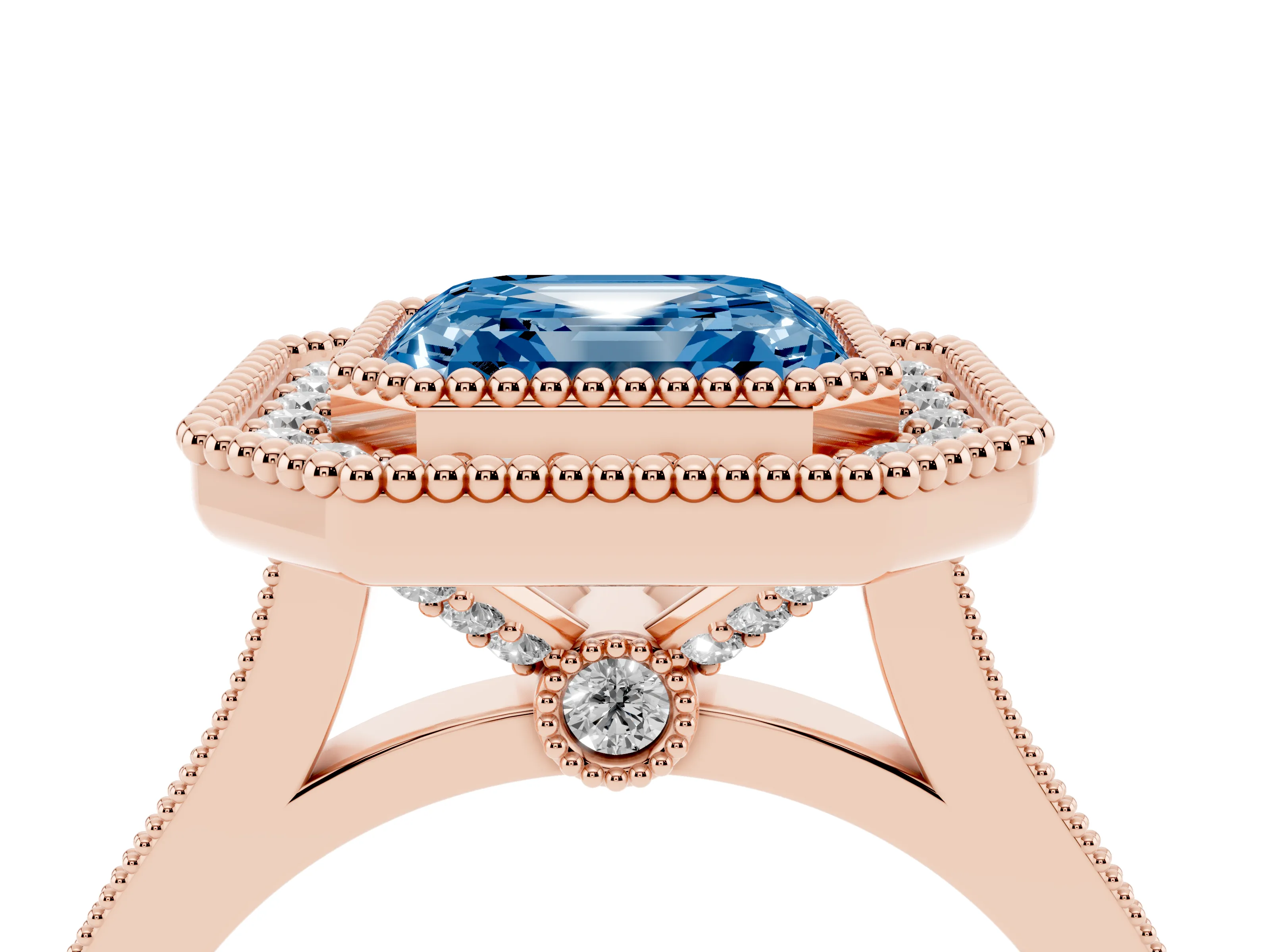 Fancy Blue Asscher Cut Diamond Halo Ring Set in Rose gold with Milgrain Frame and Pavé Band