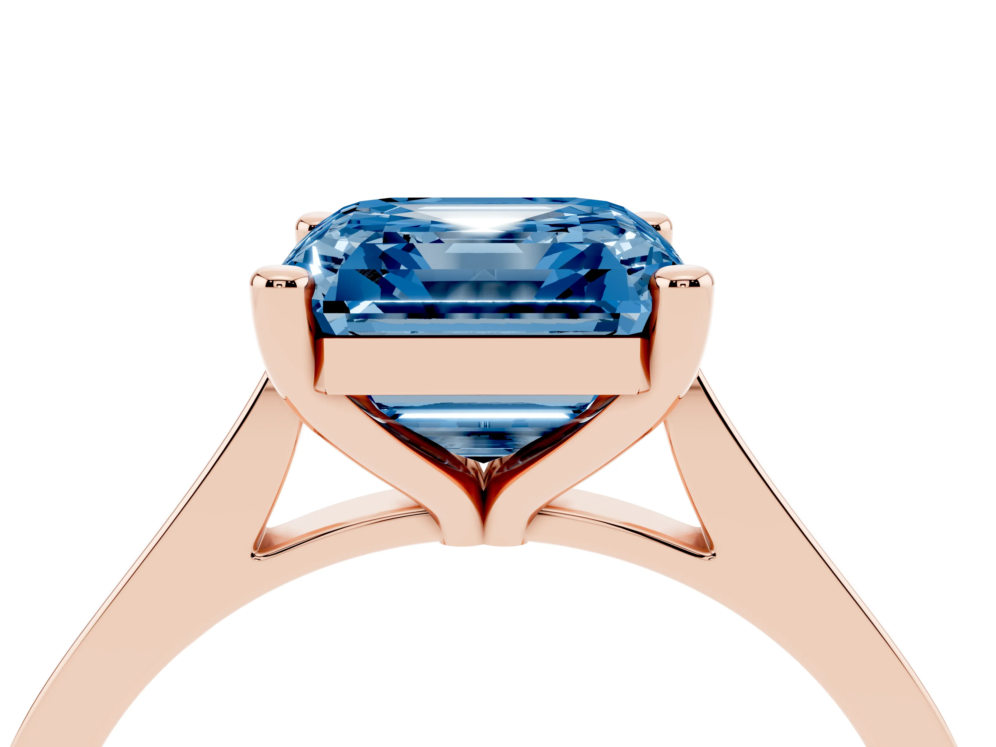 Fancy Blue Asscher Cut Diamond Solitaire Ring Set in Rose gold with Prong Setting and Tapered Band