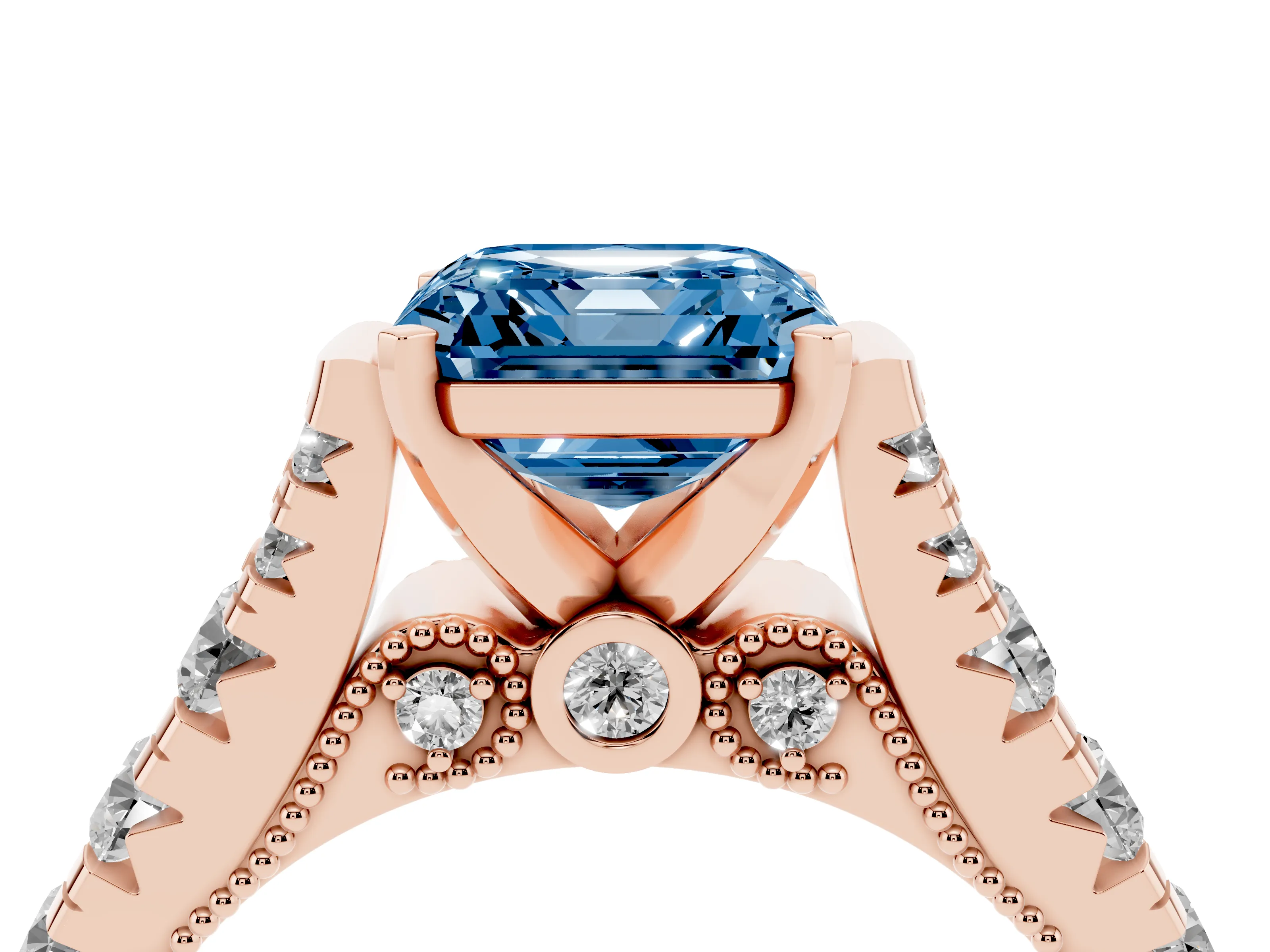 Fancy Blue Asscher Cut Diamond Classic Solitaire Ring Set in Rose gold with Pavé Band and Prong Setting