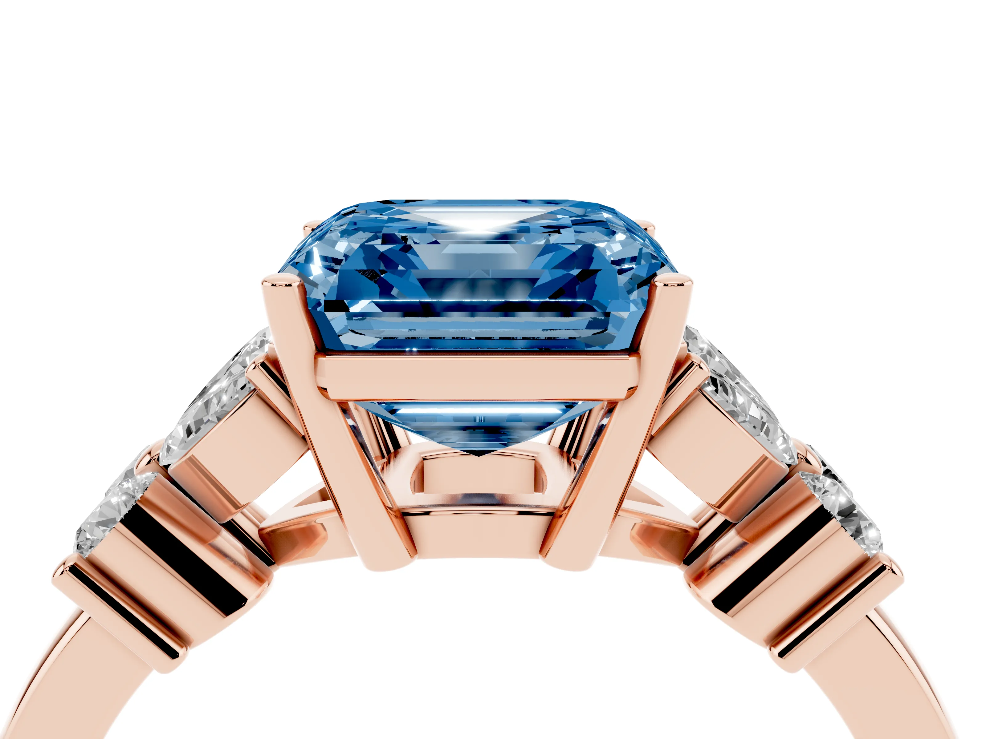 Fancy Blue Asscher Cut Diamond Floral Cluster Ring Set in Rose gold with Marquise Petals and Prong Setting