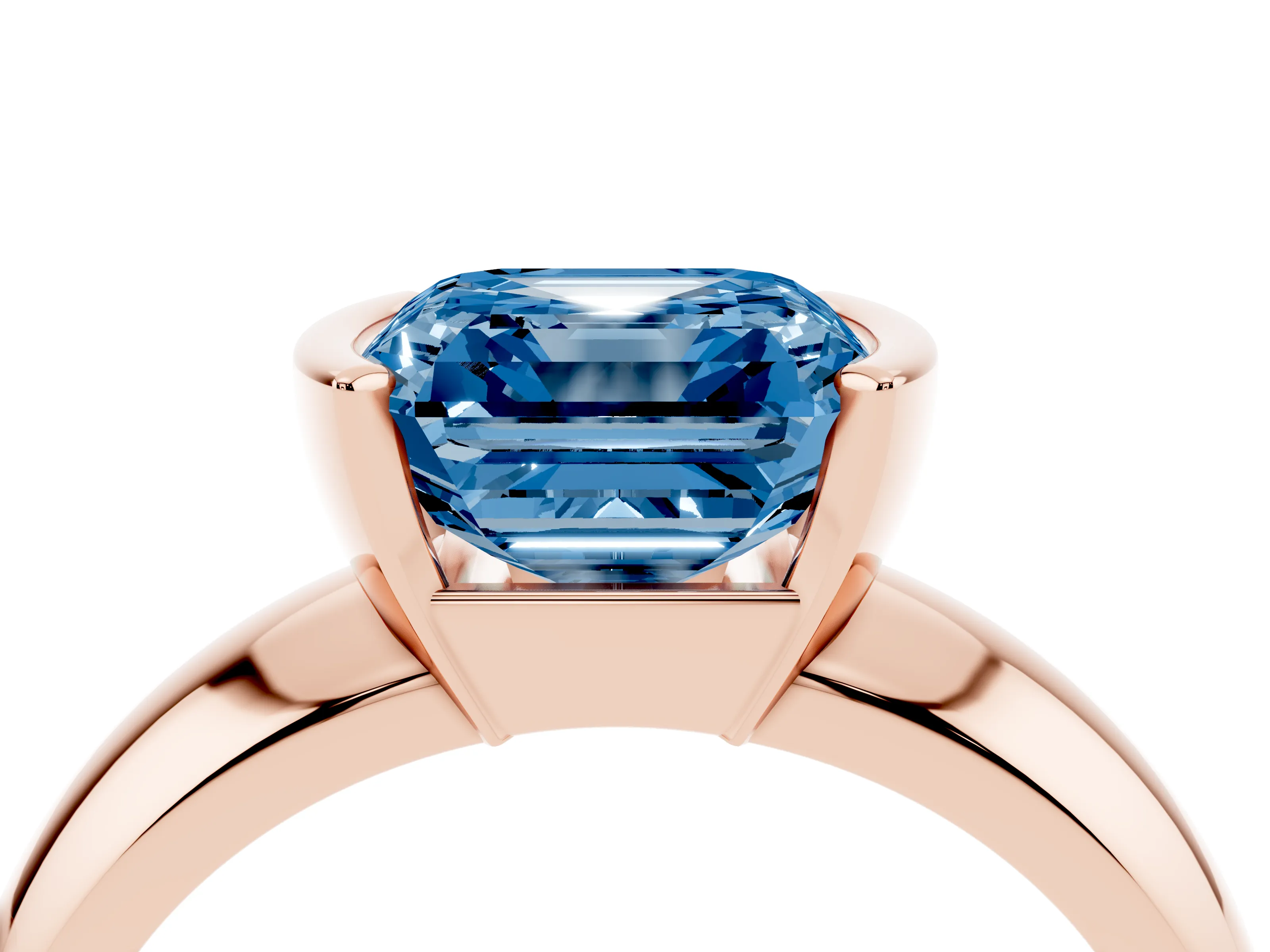 Fancy Blue Asscher Cut Diamond Solitaire Tension Set Ring Set in Rose gold with Wide Band