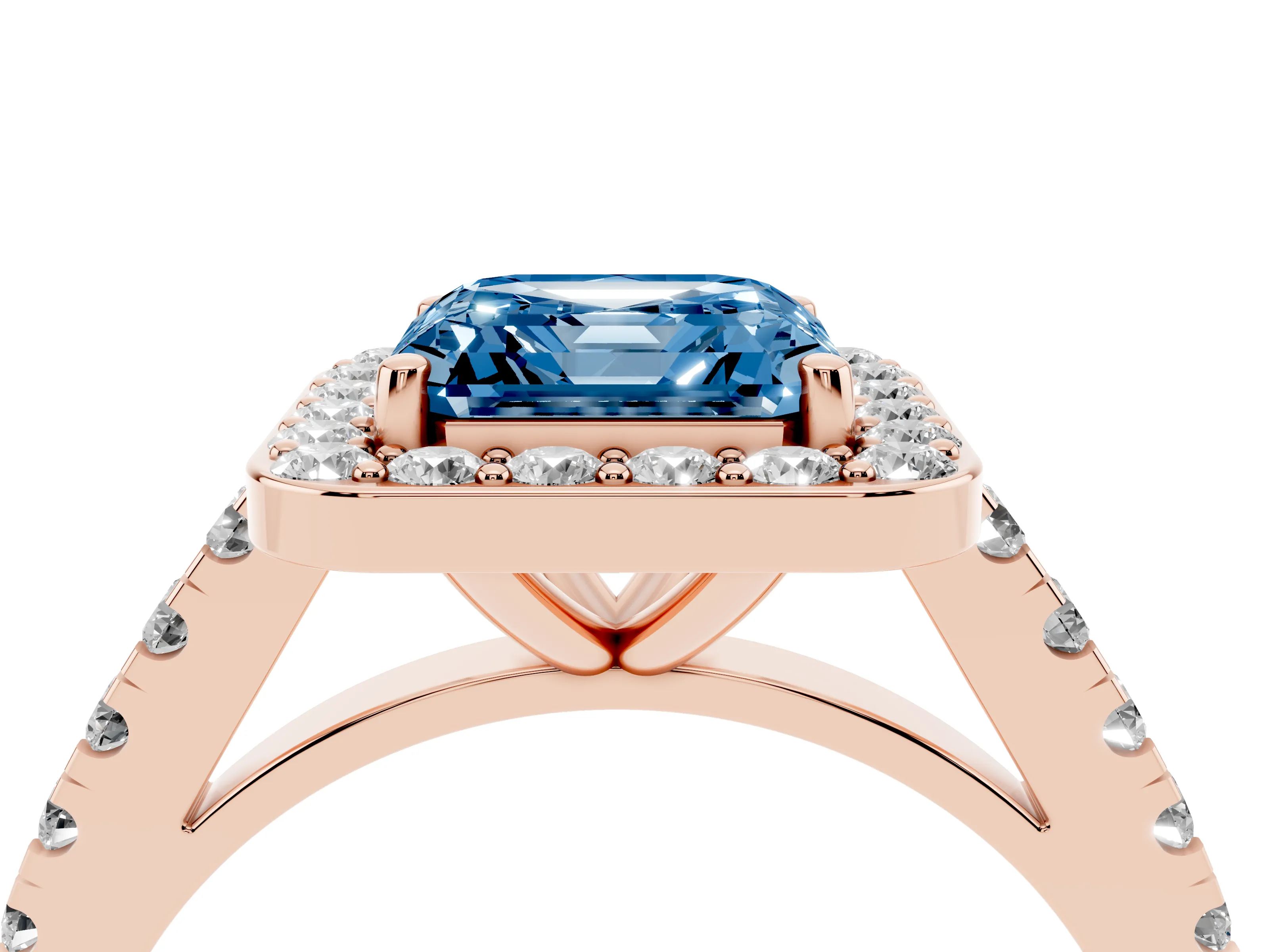 Fancy Blue Asscher Cut Diamond Halo Ring Set in Rose gold with Round Pavé Split Shank and Prong Setting