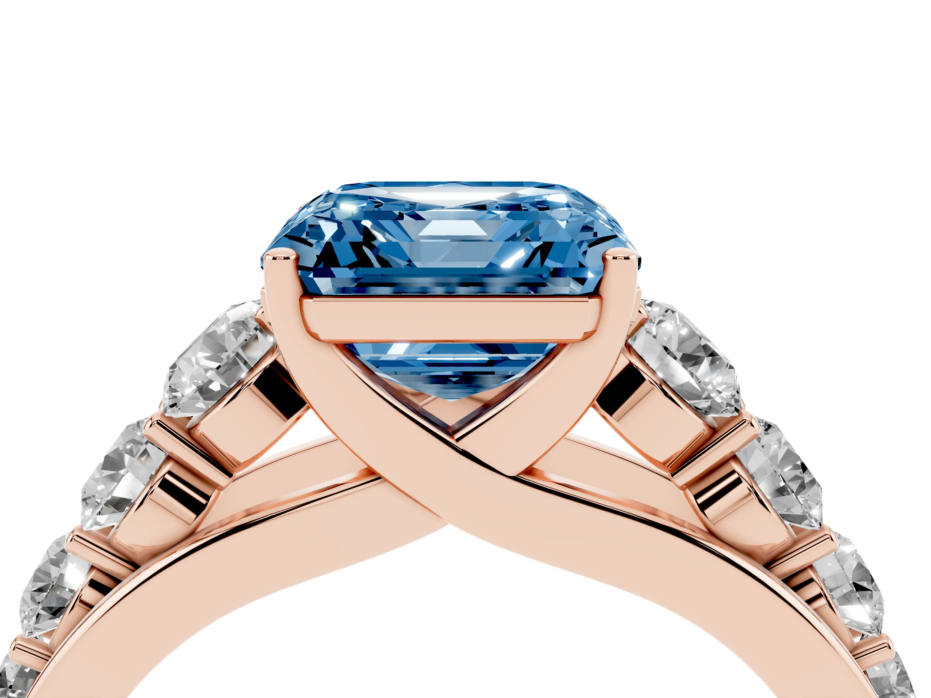 Fancy Blue Asscher Cut Diamond Solitaire Ring Set in Rose gold with Pavé-Set Band and Prong Setting