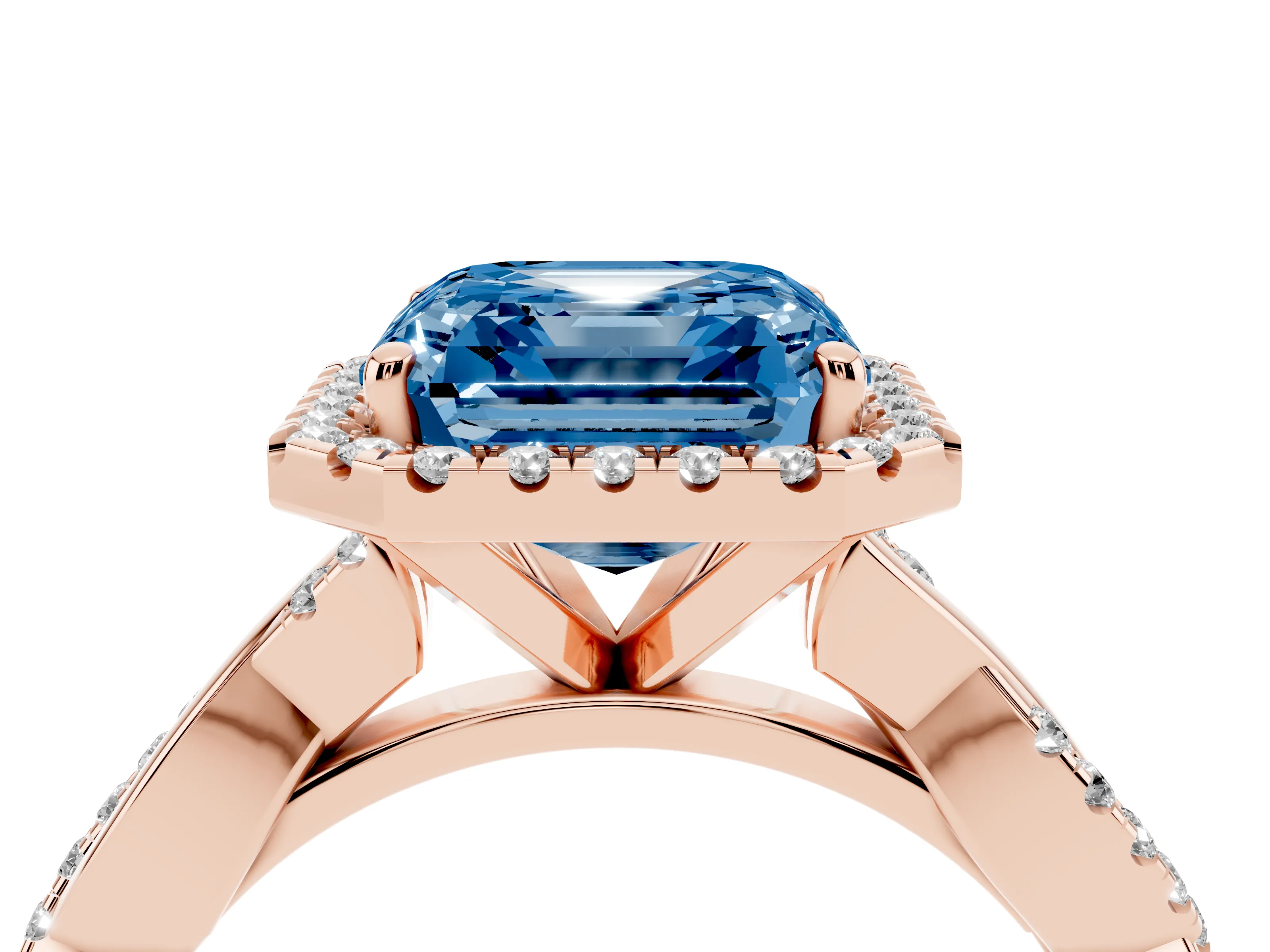 Fancy Blue Asscher Cut Diamond Halo Twisted Band Ring Set in Rose gold with Prong Setting