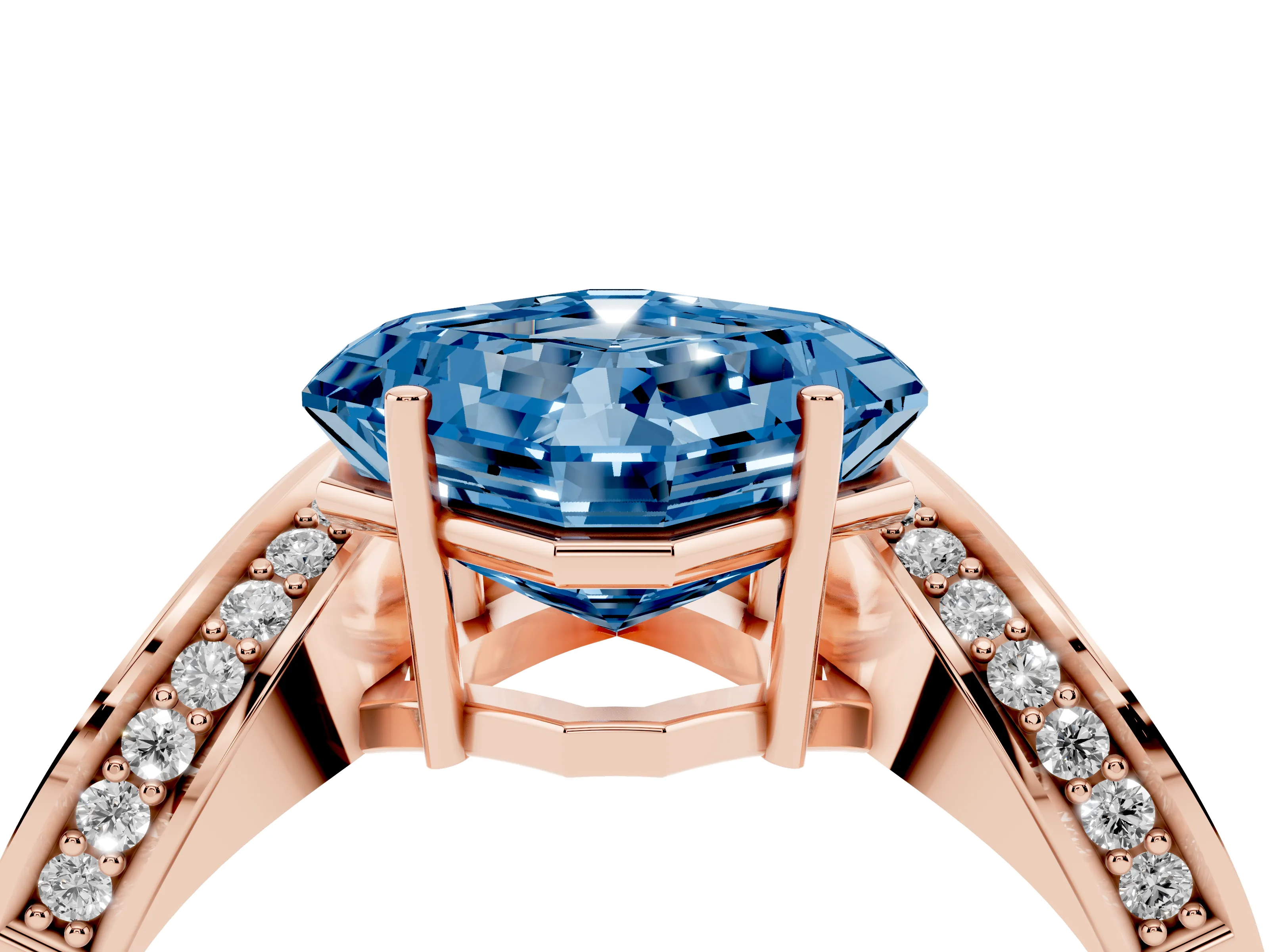 Fancy Blue Asscher Cut Diamond Solitaire Engagement Ring Set in Rose gold with Pavé Shoulders