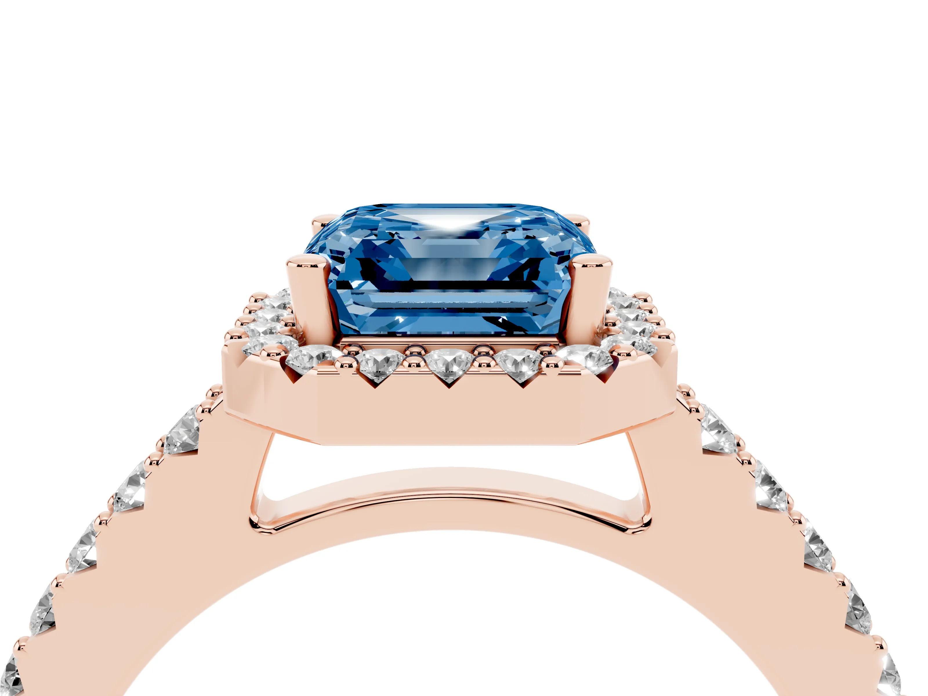 Fancy Blue Asscher Cut Diamond Halo Pavé Solitaire Ring Set in Rose gold with Prong-Set Center Stone