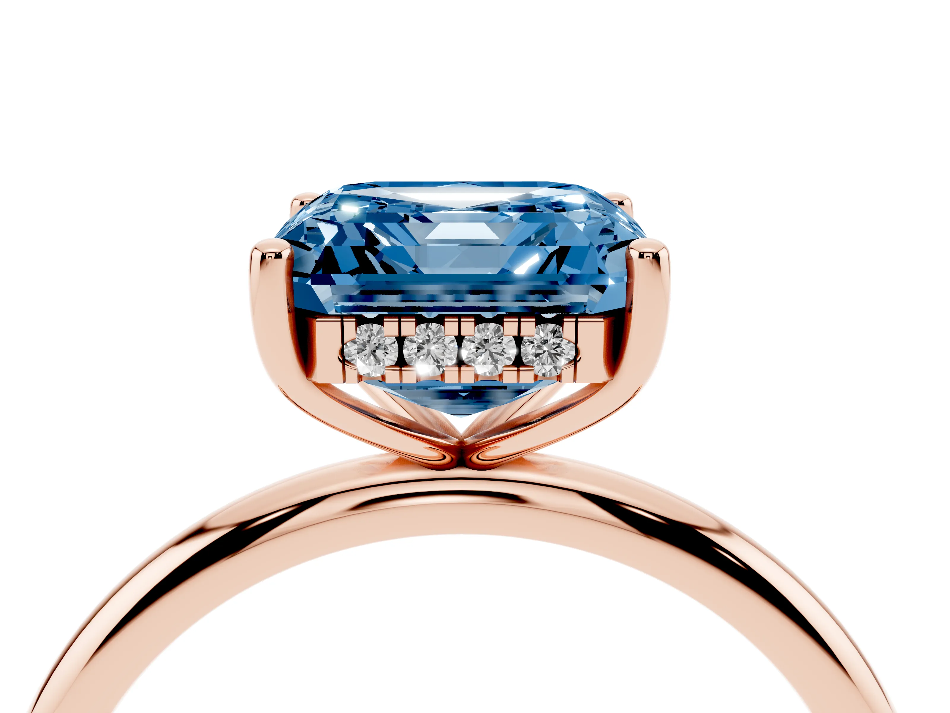 Fancy Blue Asscher Cut Diamond Solitaire Engagement Ring Set in Rose gold with Prong Setting and Polished Band