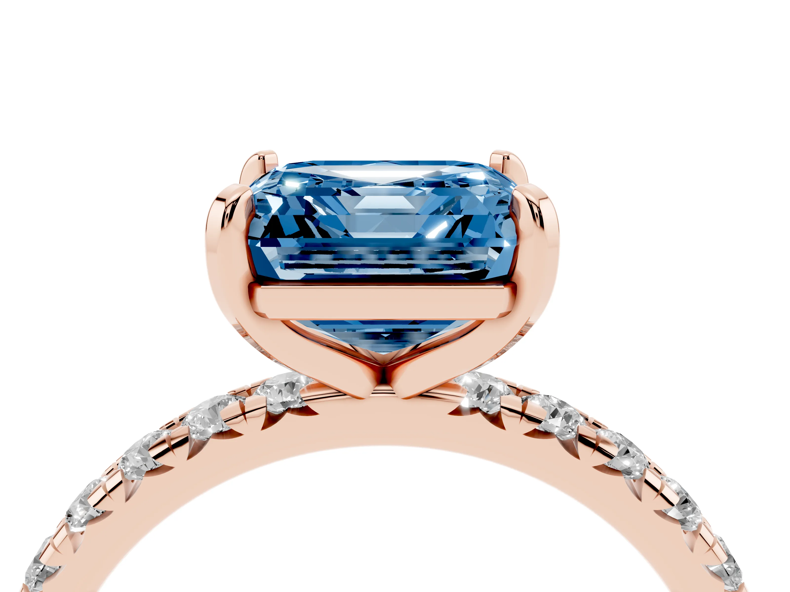 Fancy Blue Asscher Cut Diamond Pavé Solitaire Ring Set in Rose gold with Round Band and Prong Setting