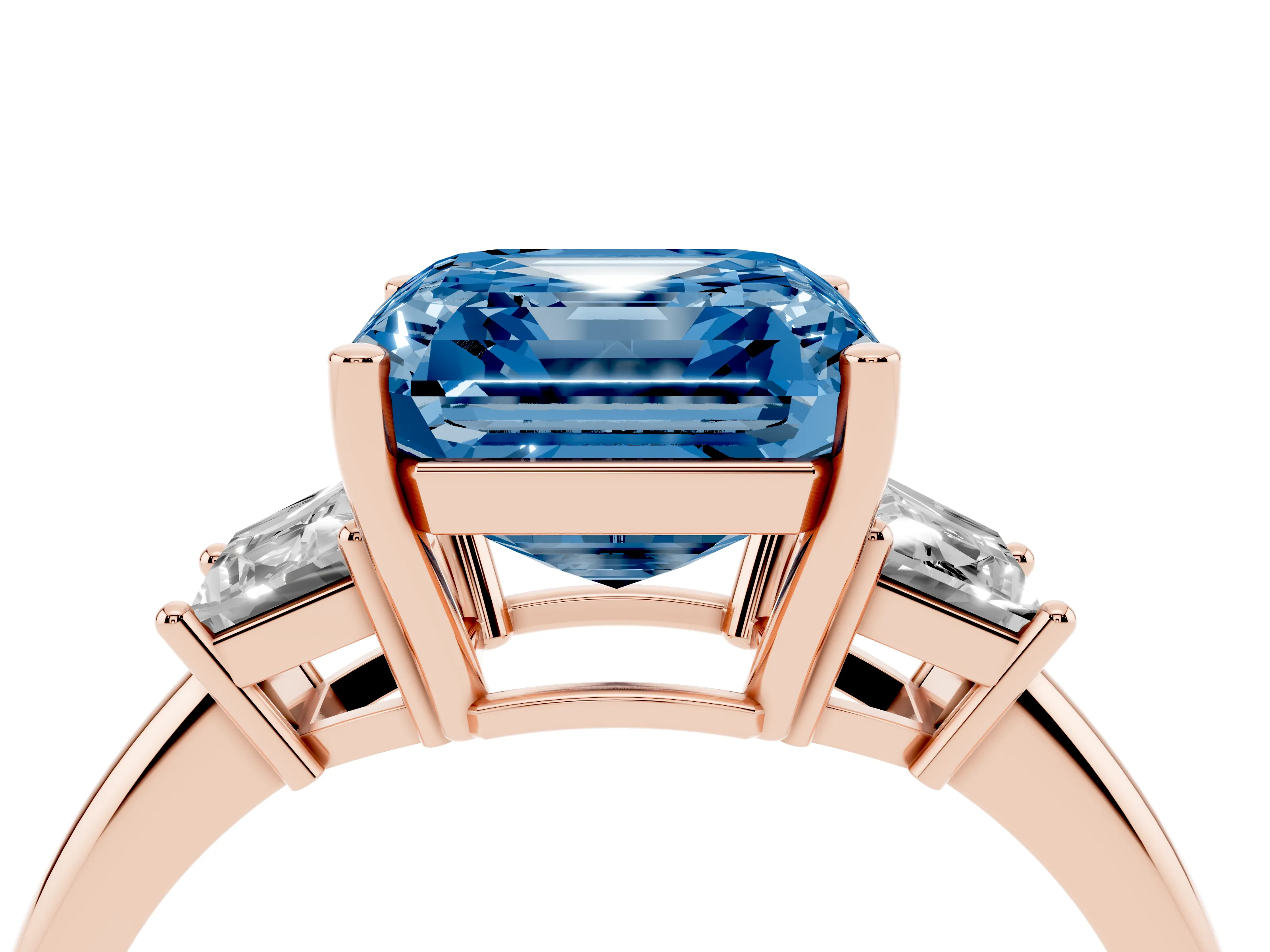 Fancy Blue Asscher Cut Diamond Three-Stone Ring Set in Rose gold with Trapezoid Side Stones and Prong Setting