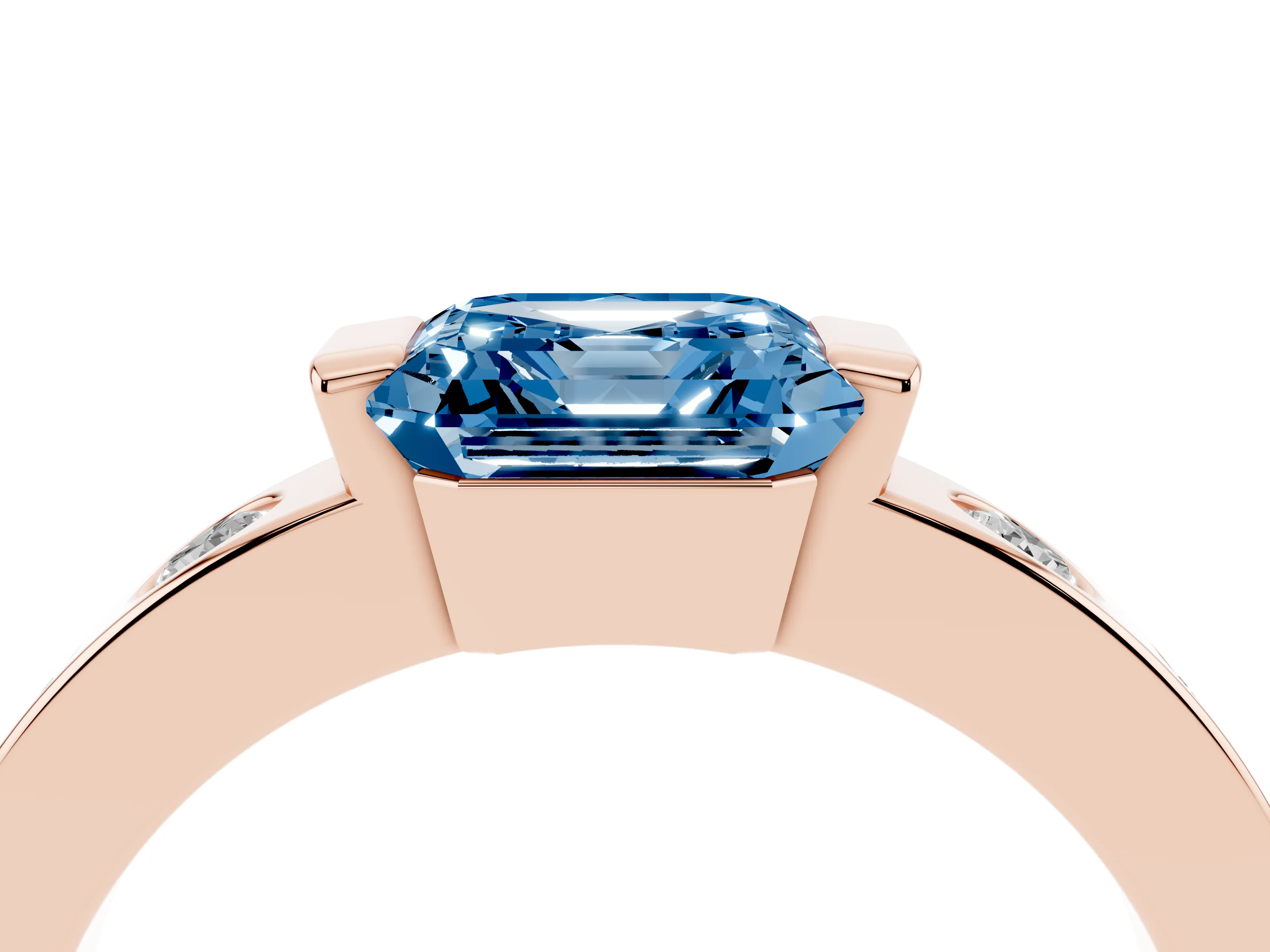 Fancy Blue Asscher Cut Diamond Channel-Set Band Ring Set in Rose gold with Bezel Prong Setting