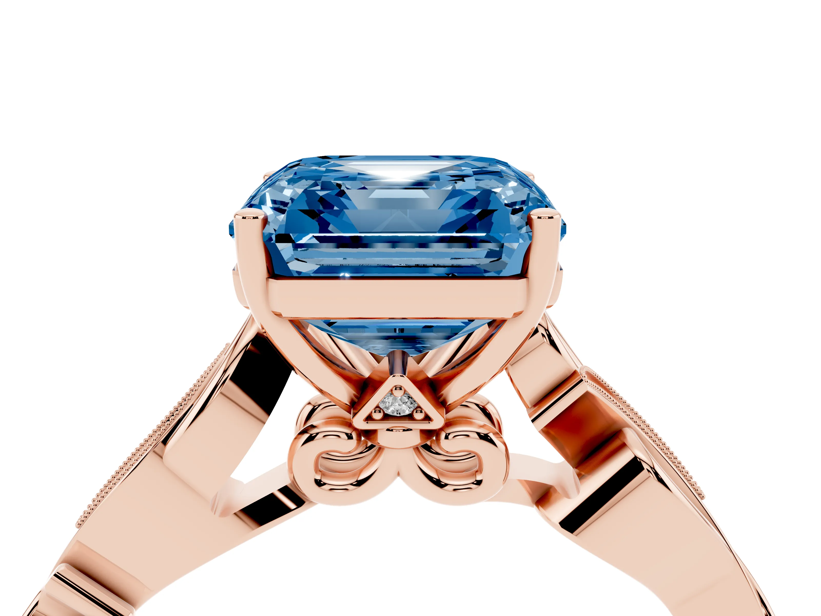 Fancy Blue Asscher Cut Diamond Vine Band Solitaire Ring Set in Rose gold with Milgrain Prong Setting