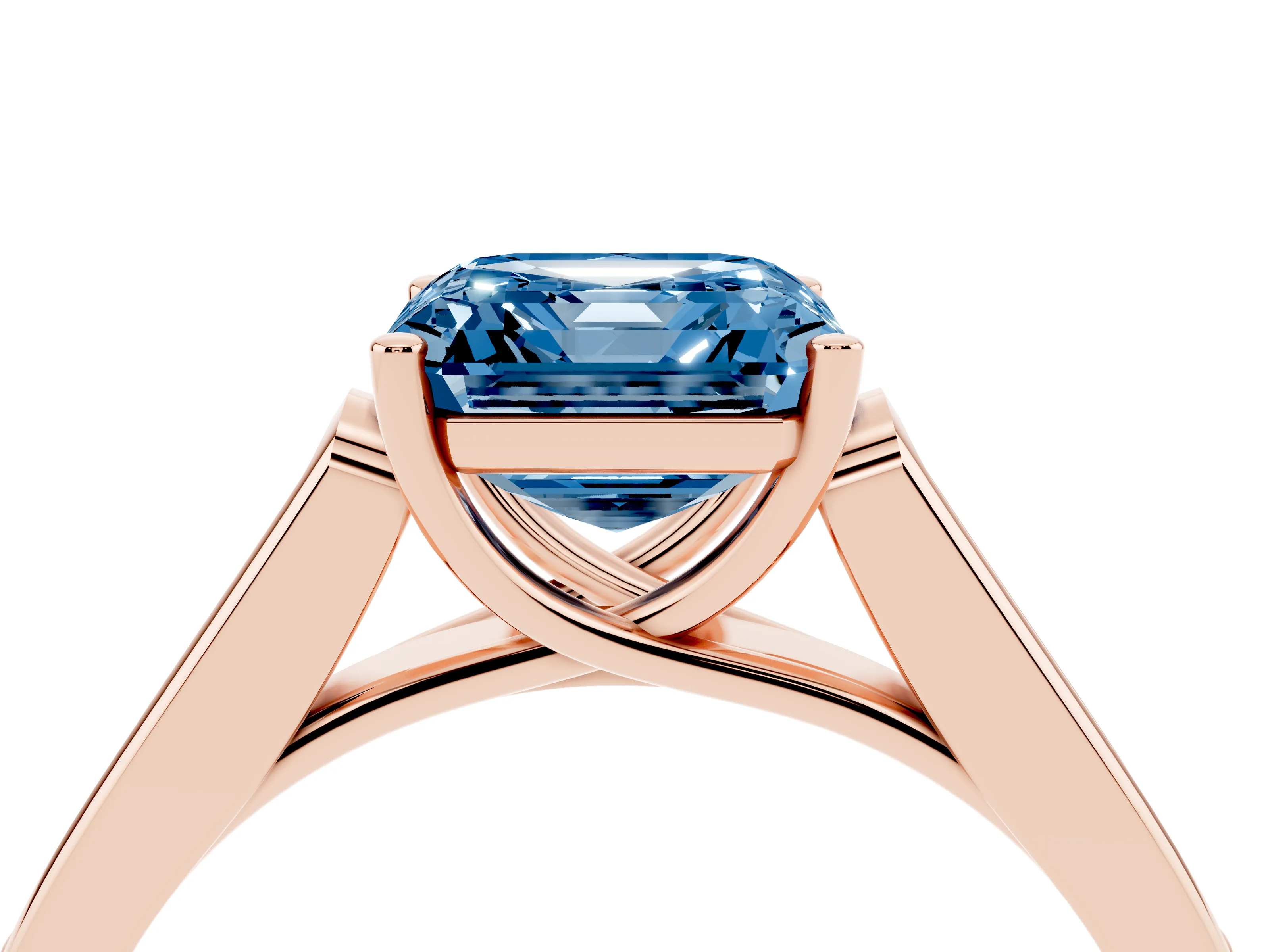 Fancy Blue Asscher Cut Diamond Solitaire Cathedral Engagement Ring Set in Rose gold with Channel-Set Band and Prong Setting