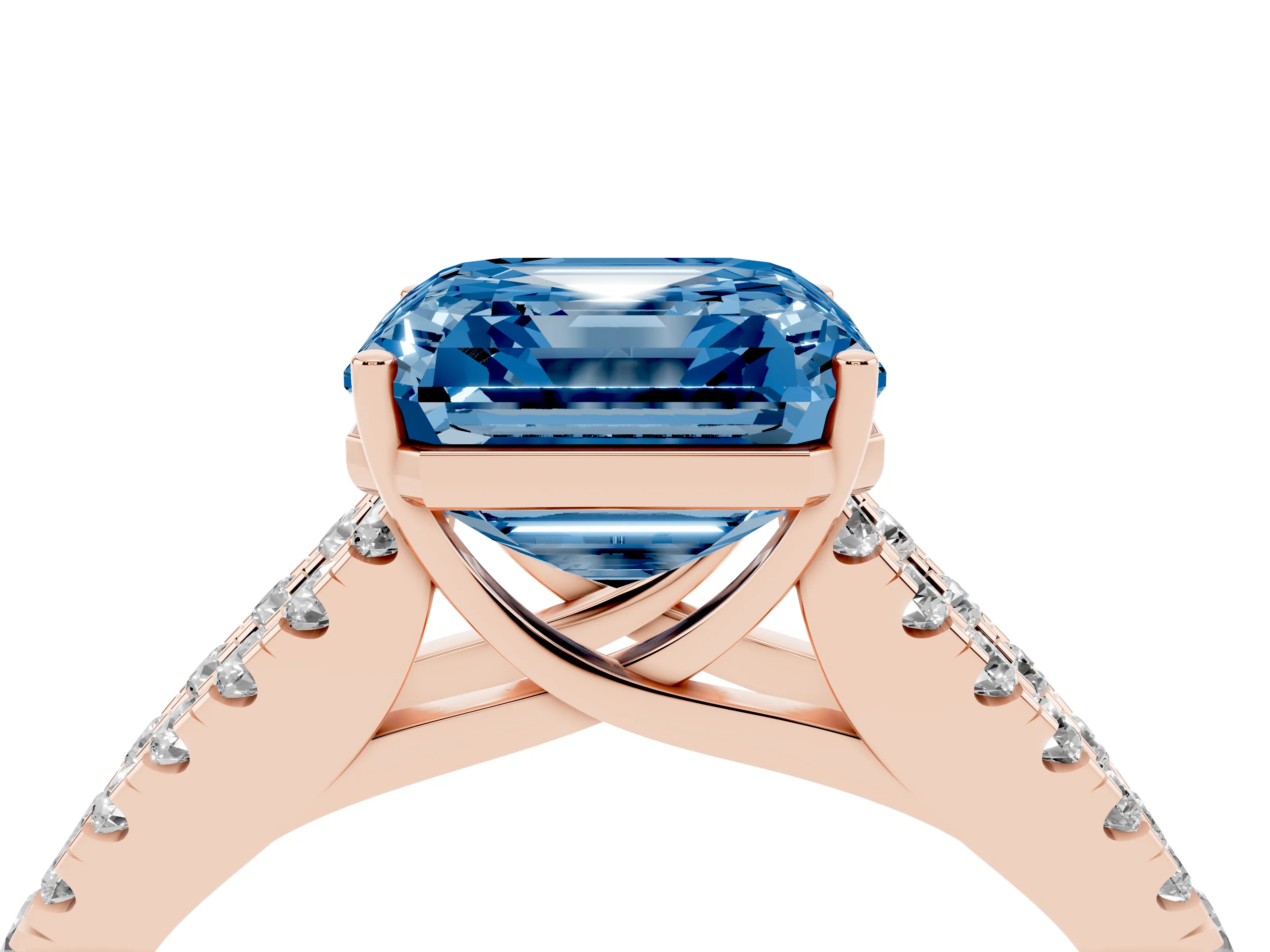 Fancy Blue Asscher Cut Diamond Split Shank Engagement Ring Set in Rose gold with Round Pavé and Prong Setting