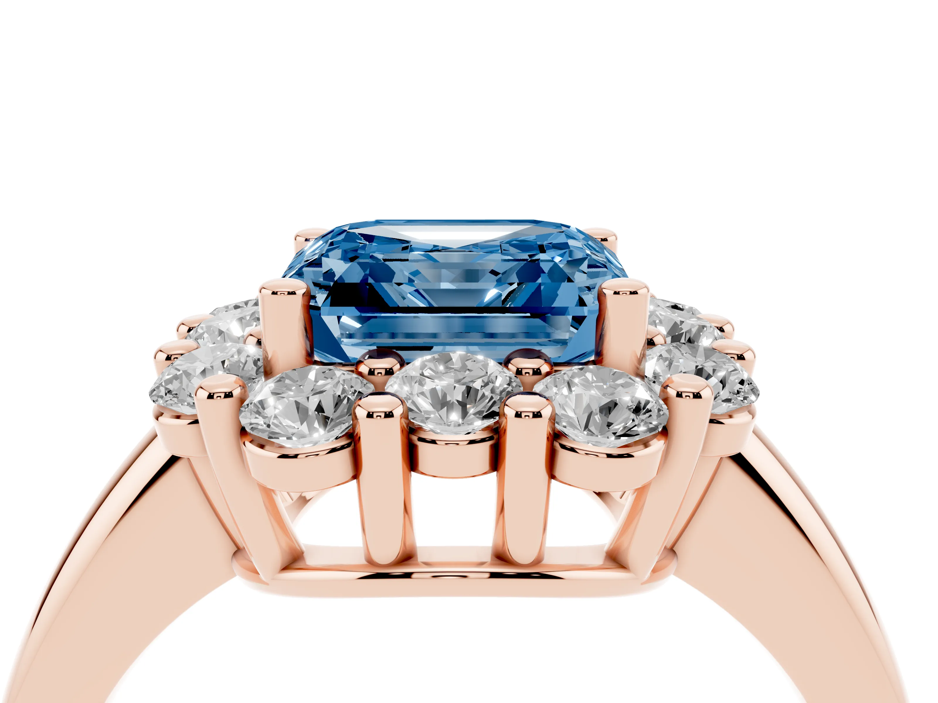 Fancy Blue Asscher Cut Diamond Halo Cluster Engagement Ring Set in Rose gold with Polished Band and Prong Setting