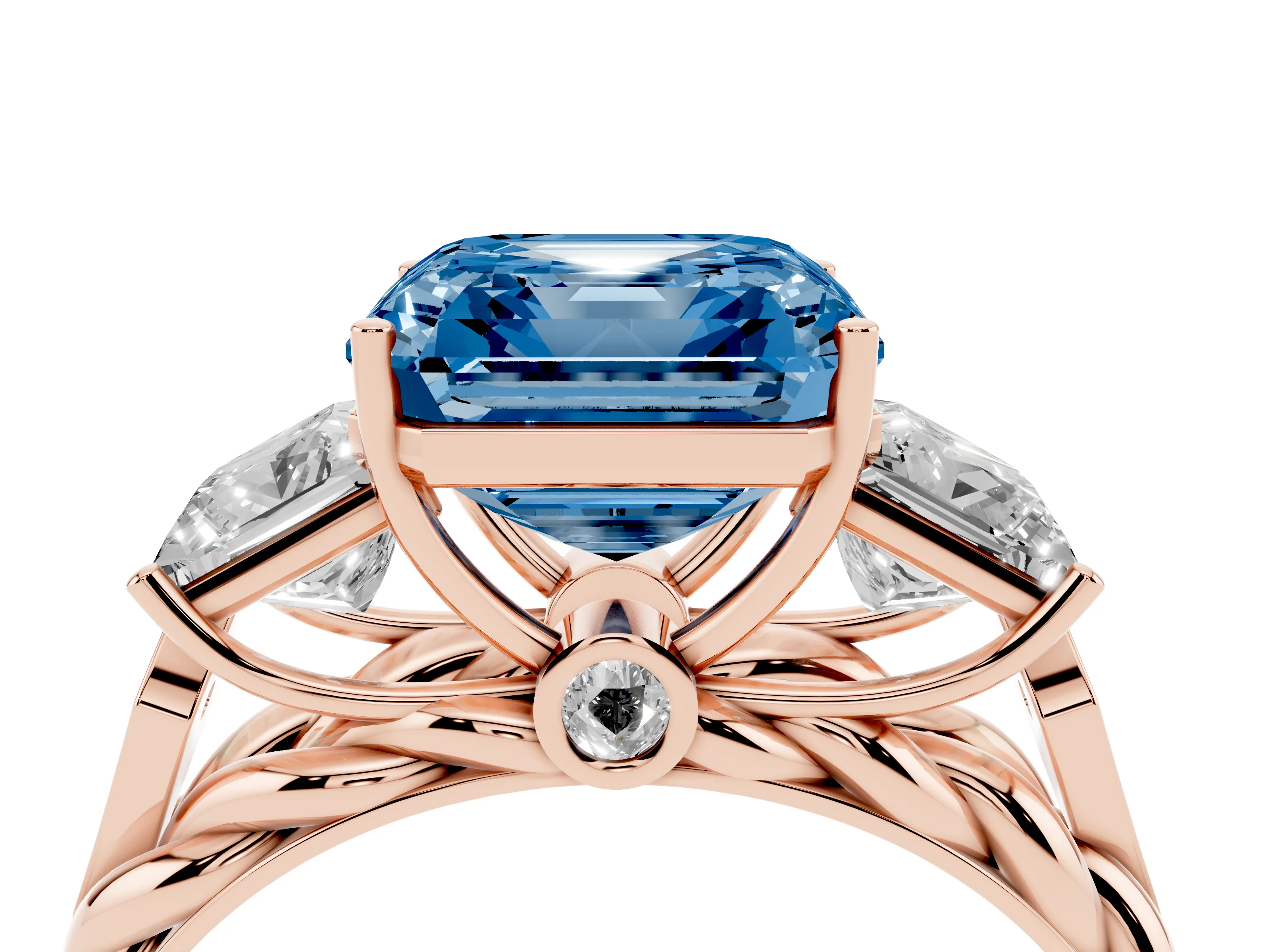 Fancy Blue Asscher Cut Diamond Three-Stone Ring Set in Rose gold with Braided Band